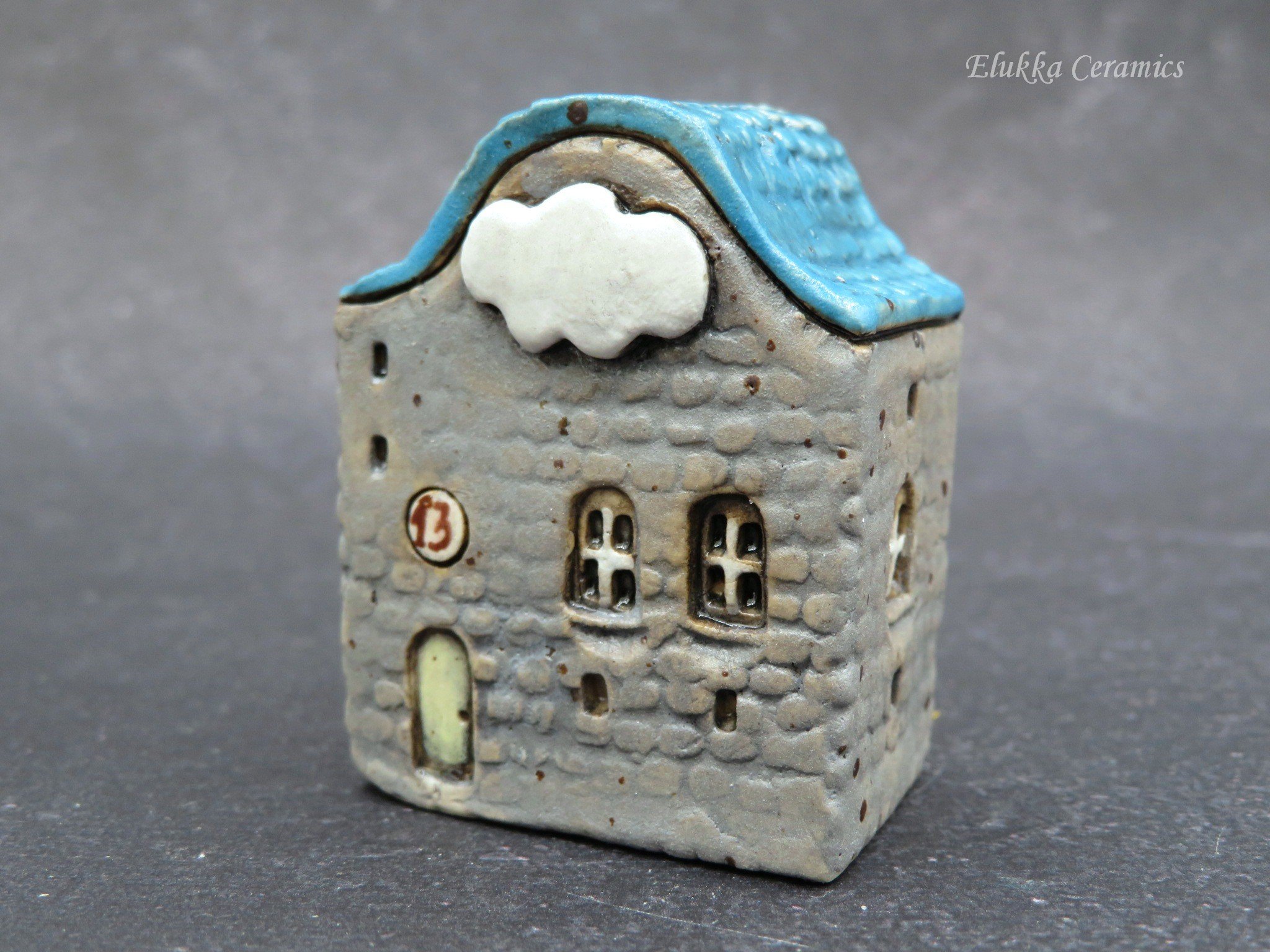 TownHouse™ Series by elukka...Collectible Miniature House...Navy Grey House with Cloud and Number Plaque