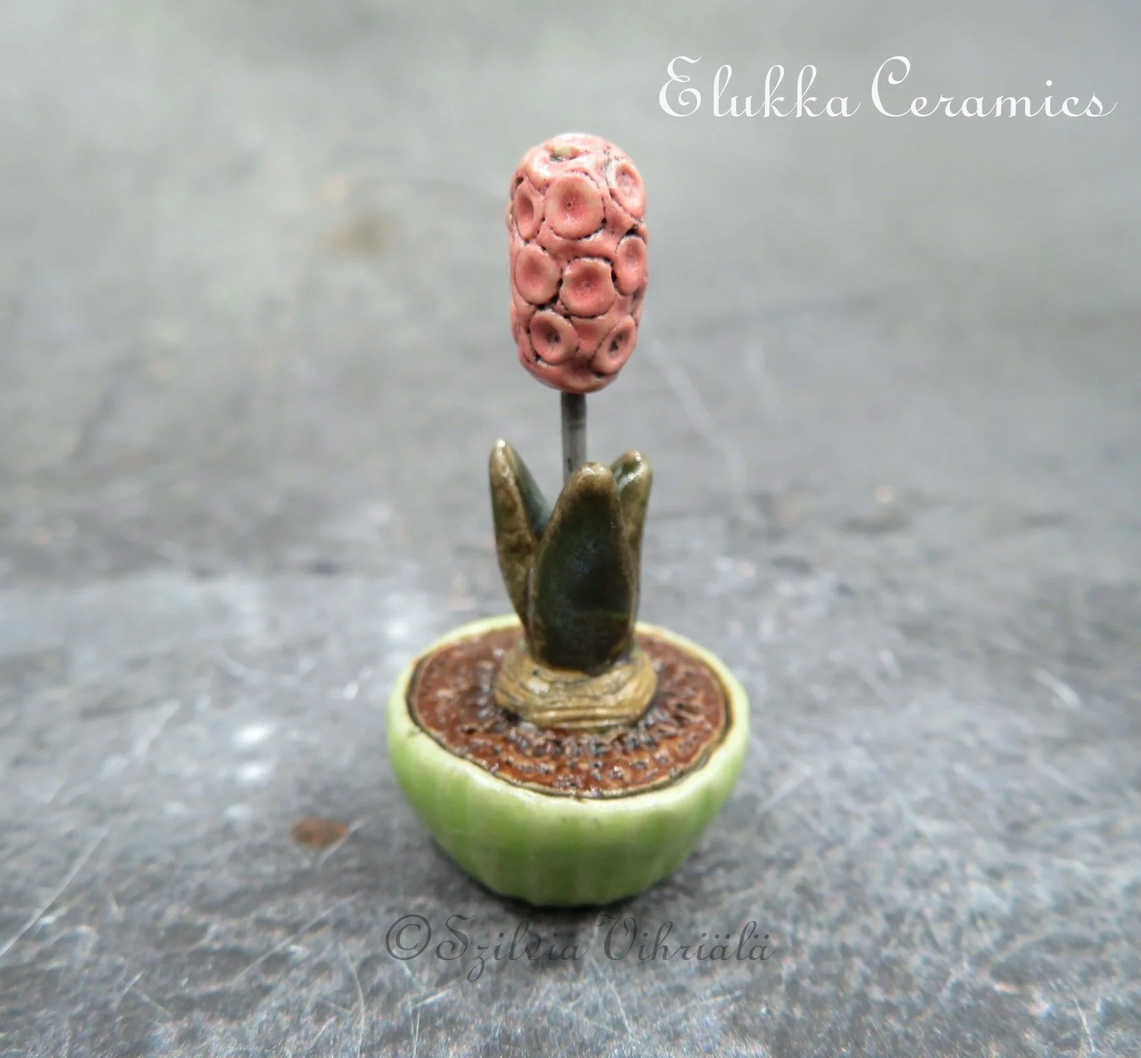 Collectible TINY Ceramic Bloom by elukka...Pink Hyacinth in Lime Green Bonsai Pot