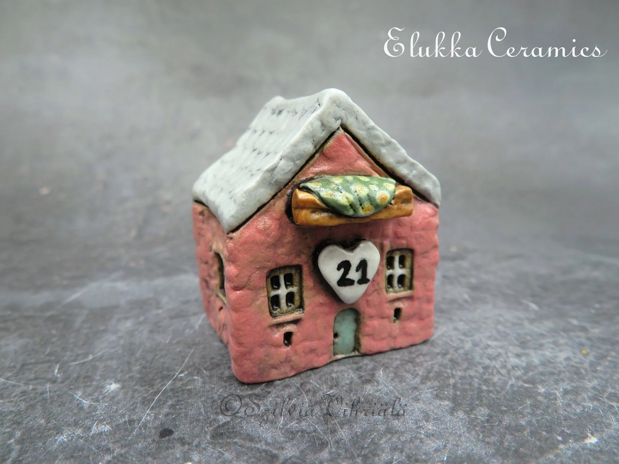 Collectible TINY Mediterranean Town House by elukka...Pink Walls & Light Pearl Grey Roof with Flower Box and Number 2 Heart Plaque