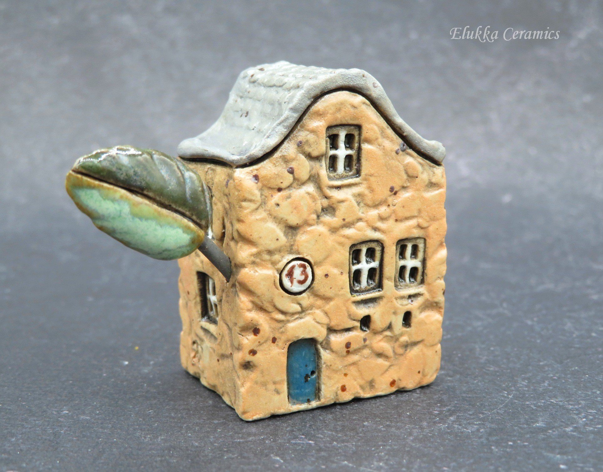 TownHouse™ Series by elukka...Collectible Miniature House...Peachy Tan House with Side Tree and Number Plaque