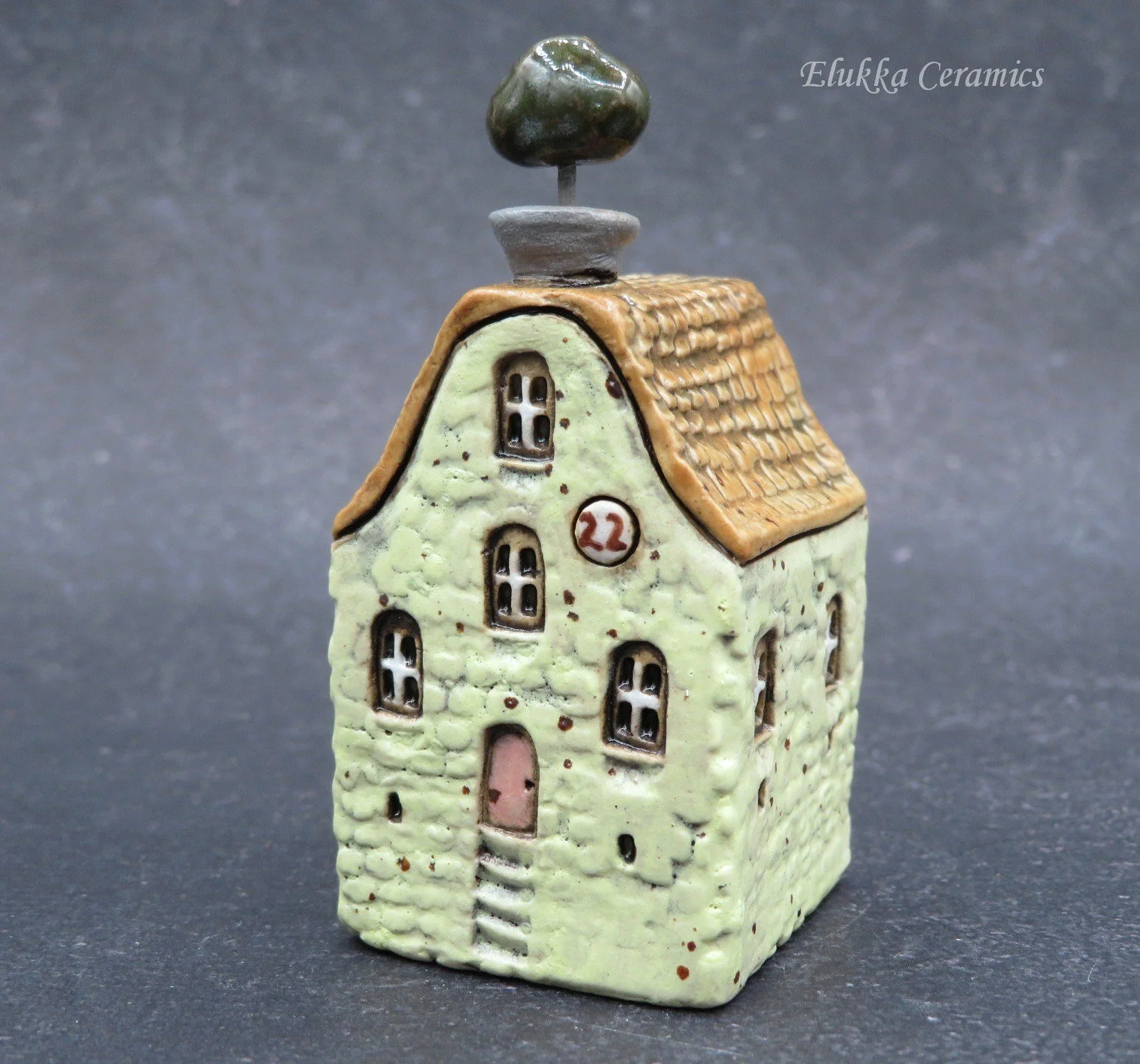 TownHouse™ Series by elukka...Collectible Miniature House...Tall Lemon House with Tree Planter and Number Plaque