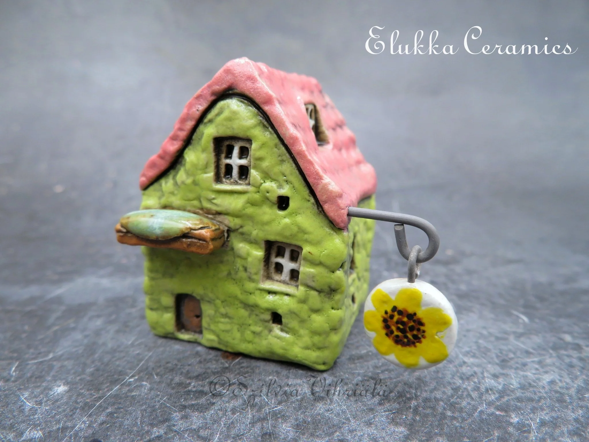 Collectible TINY Mediterranean Town House by elukka...Lime Green Walls &  Hot Pink Roof with Flower Box and Sunflower Sign