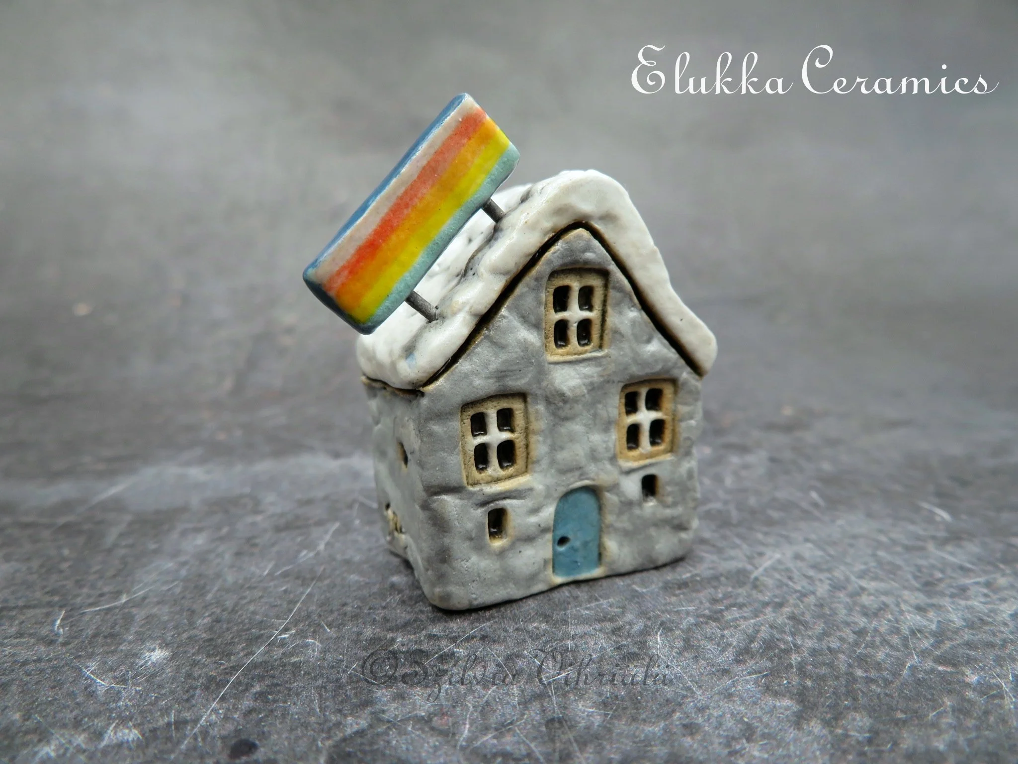Collectible TINY Mediterranean Town House by elukka...Pearl Grey Walls & White Roof with Rainbow Sign
