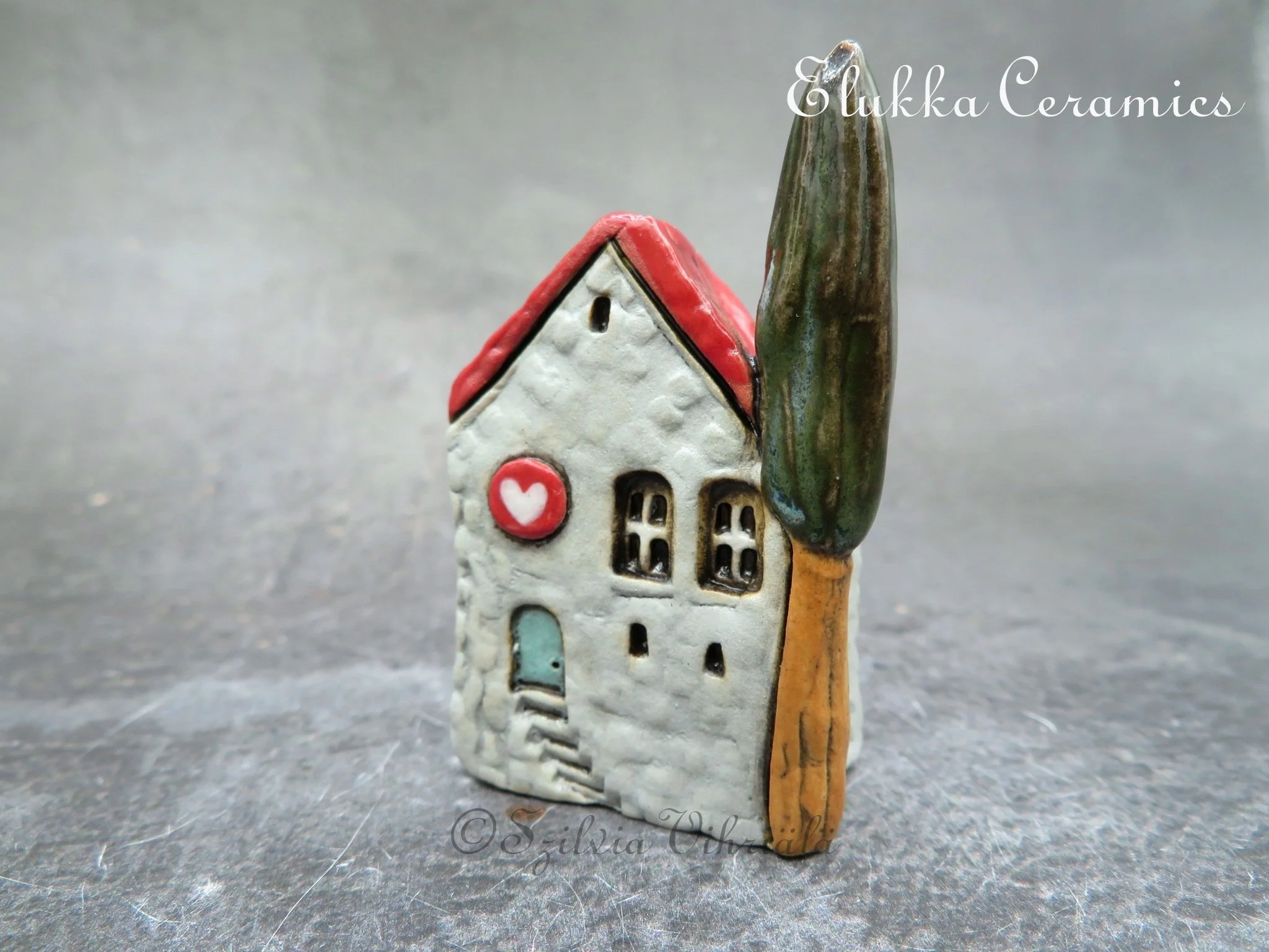 Collectible TINY Mediterranean Town House by elukka...Pearl Grey Walls & Red Roof with Heart Sign and Cedar Tree