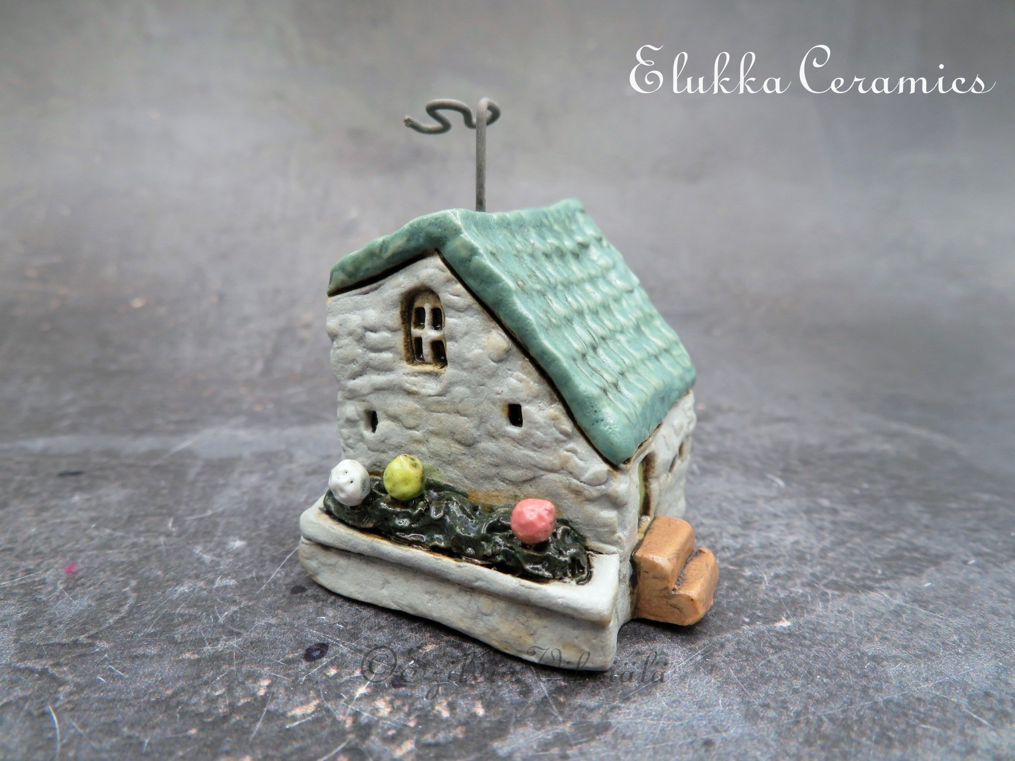 Collectible TINY Mediterranean Town House by elukka...Pearl Grey Walls &  Turquoise Green Roof with Flower Bed, Side Door and Old Antenna
