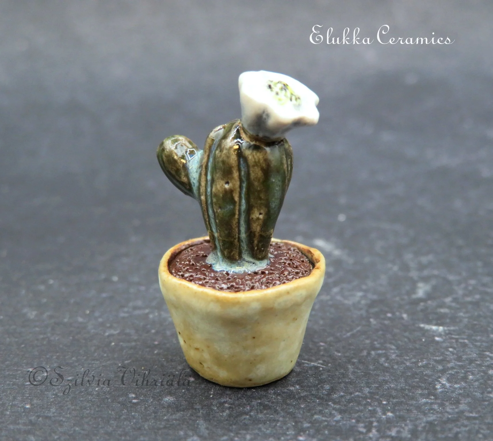 Collectible TINY Ceramic Bloom by elukka...Blooming Cactus in White Pot