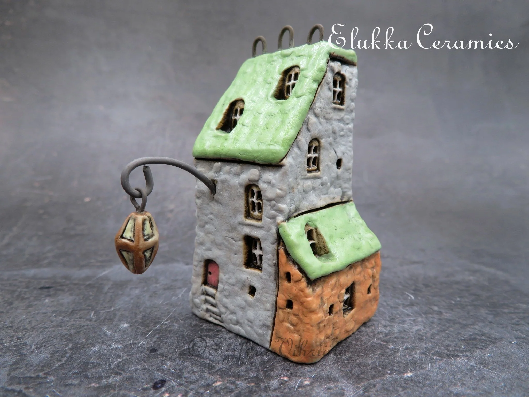 Collectible TINY Mediterranean Town House by elukka...Light Grey and Tan Walls & Lime Green Roof with Art Deco Lamp