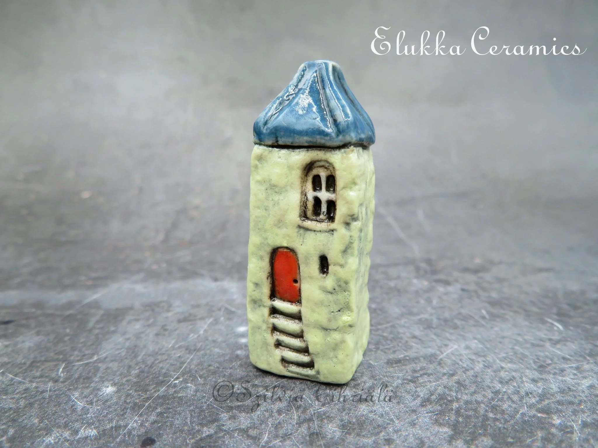 Collectible TINY Mediterranean Town House by elukka...Tower with Lemon Walls &  Dark Blue Roof