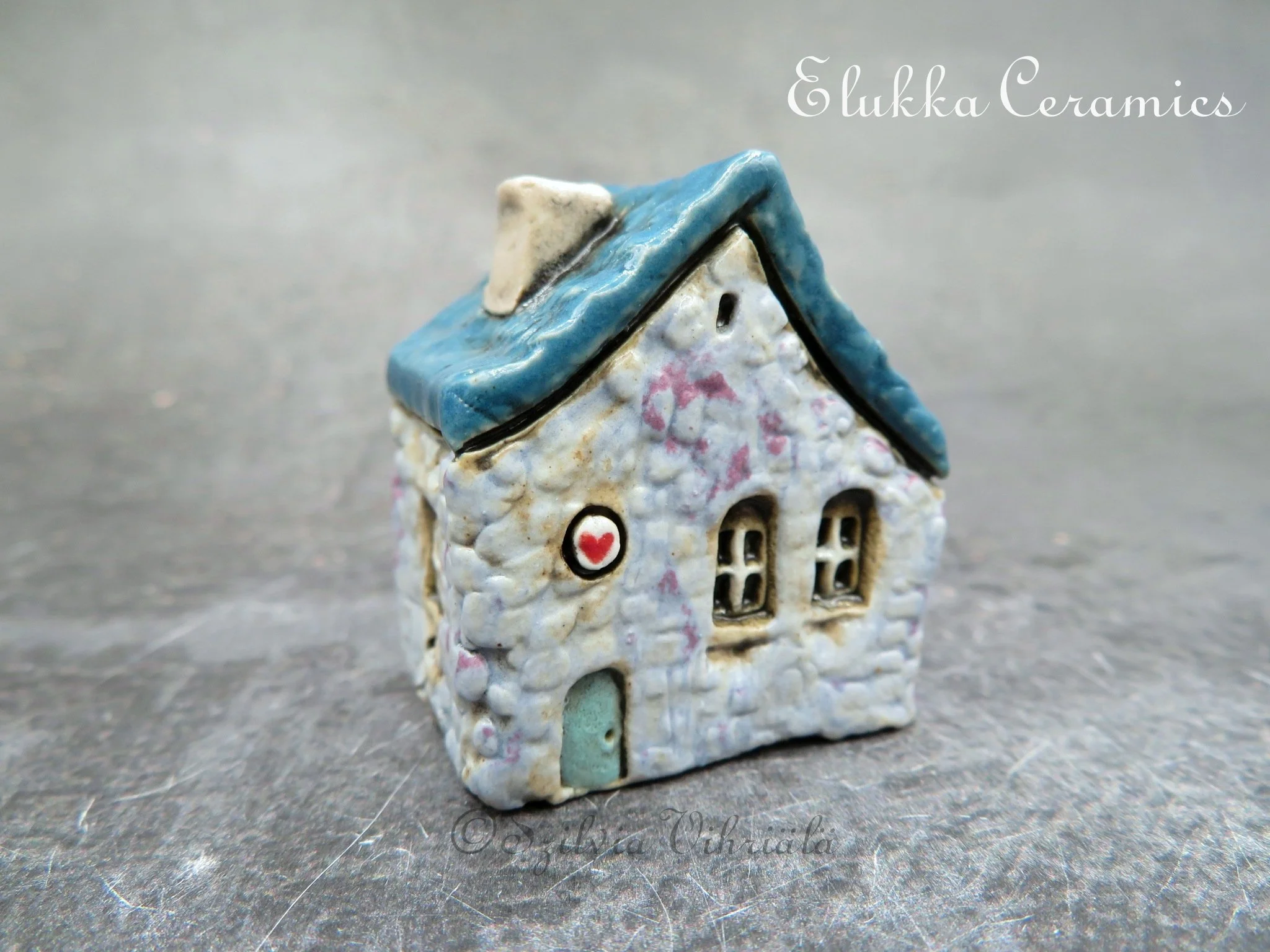 Collectible TINY Mediterranean Town House by elukka...Pale Lavender Walls &  Dark Blue Roof  with Heart Sign
