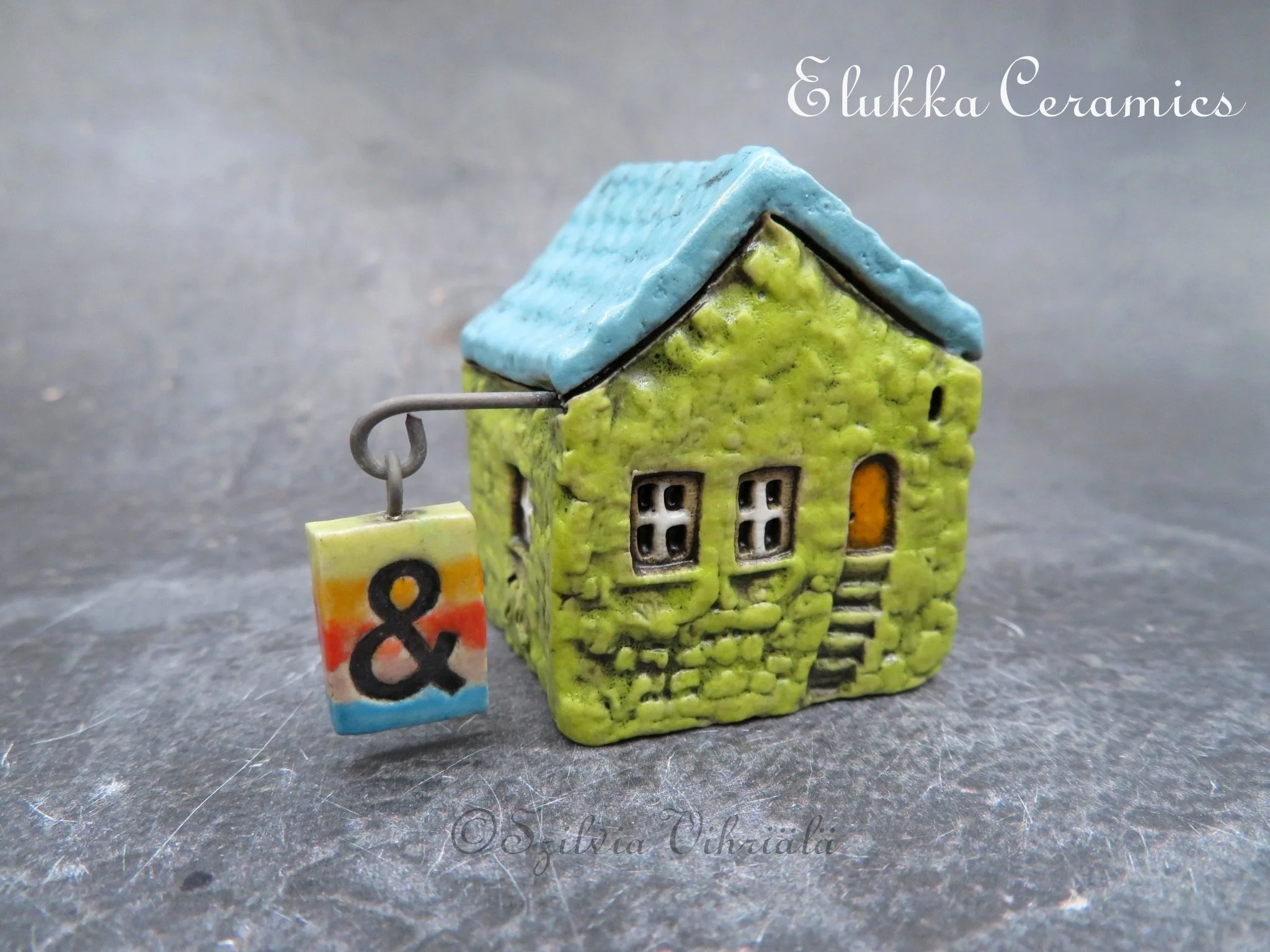 Collectible TINY Mediterranean Town House by elukka...Lime Green Walls & Blue Roof with Rainbow "&" Sign