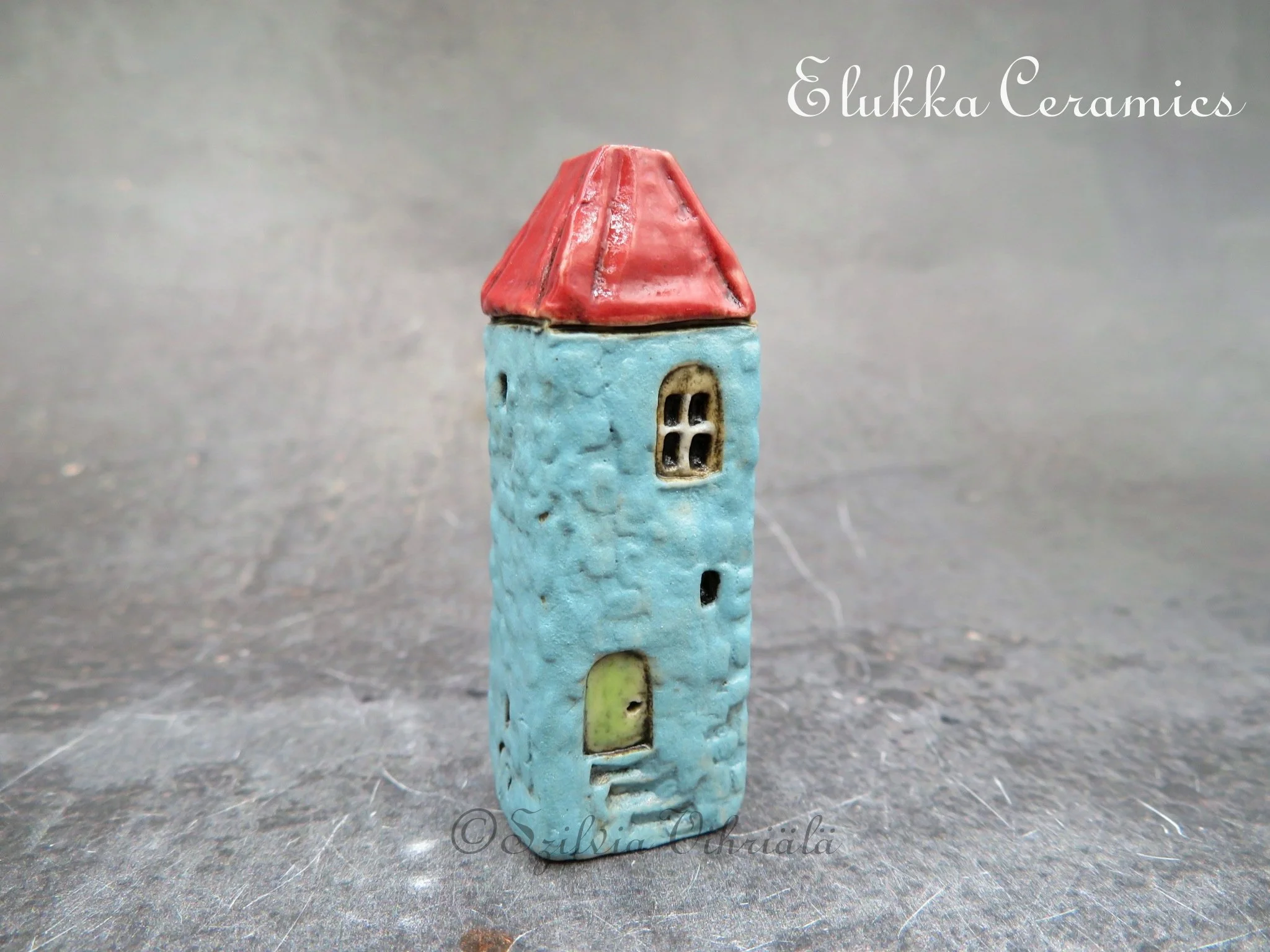 Collectible TINY Mediterranean Town House by elukka...Tower with Blue Walls &  Red Roof