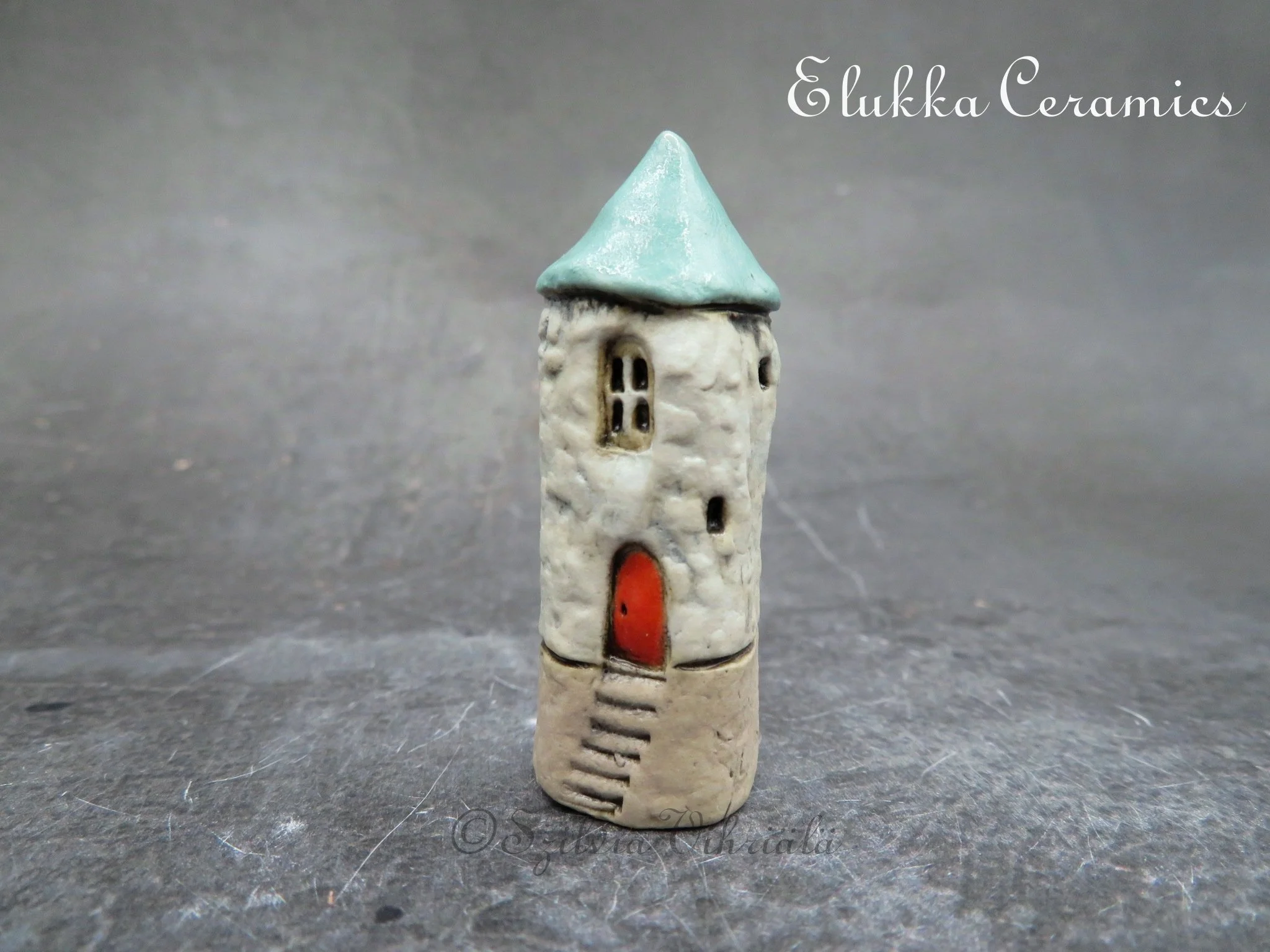 Collectible TINY Mediterranean Town House by elukka...Tower with White Walls & Turquoise Green Roof