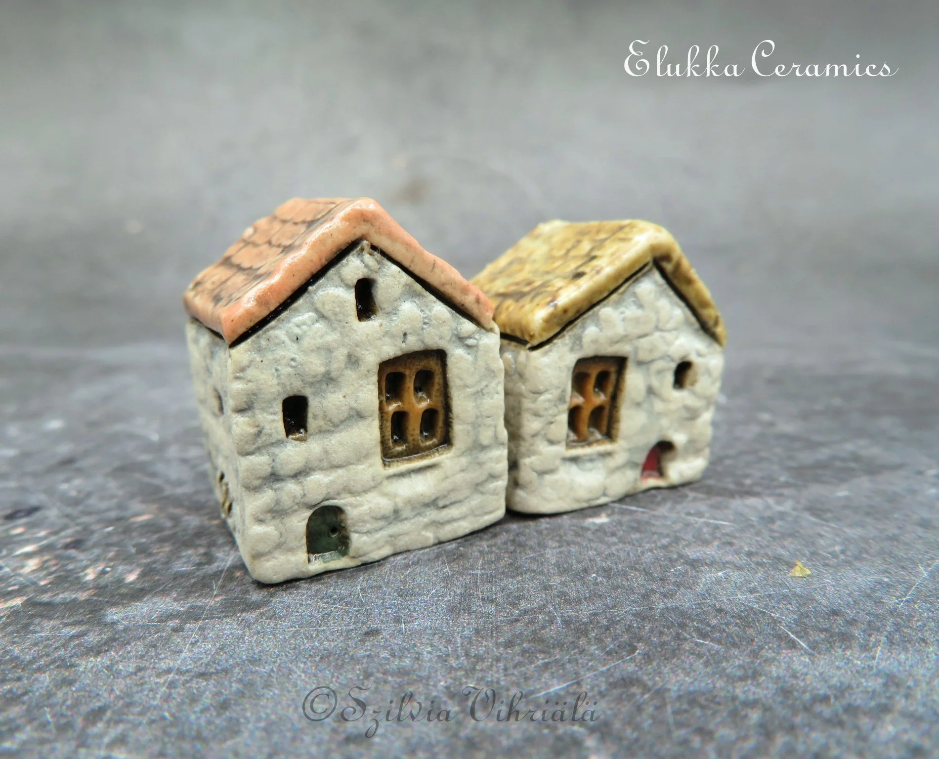 Collectible TINY Mediterranean Town House by elukka...Simple Stone House Duo
