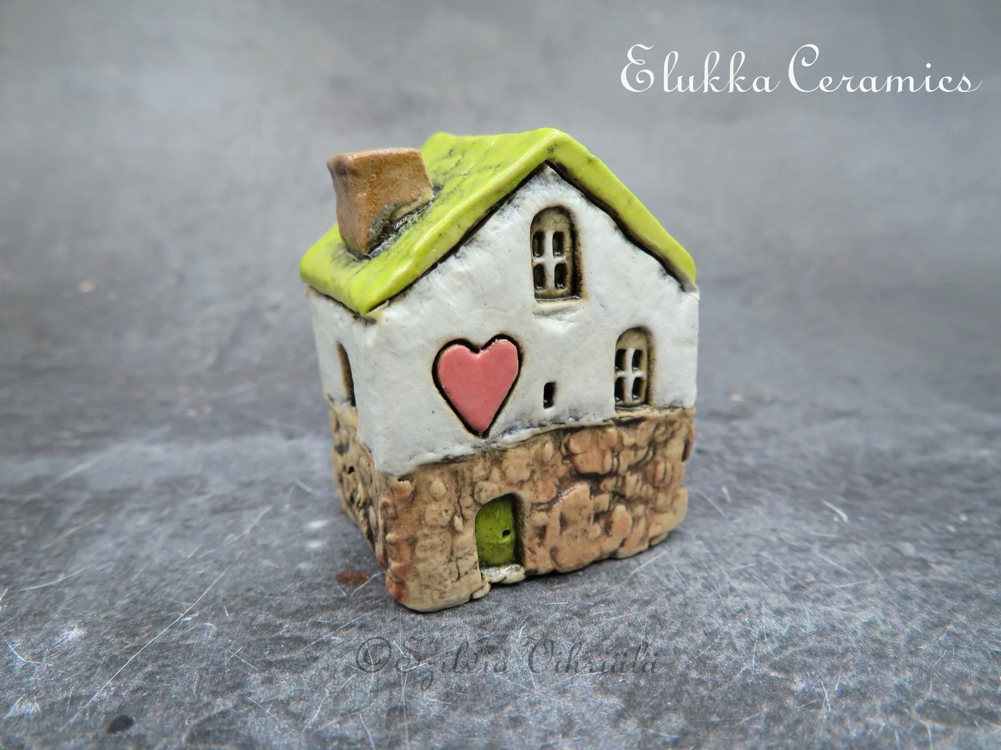 Collectible TINY Mediterranean Town House by elukka...White and Tan Walls &  Lime Green Roof with Pink Heart Sign