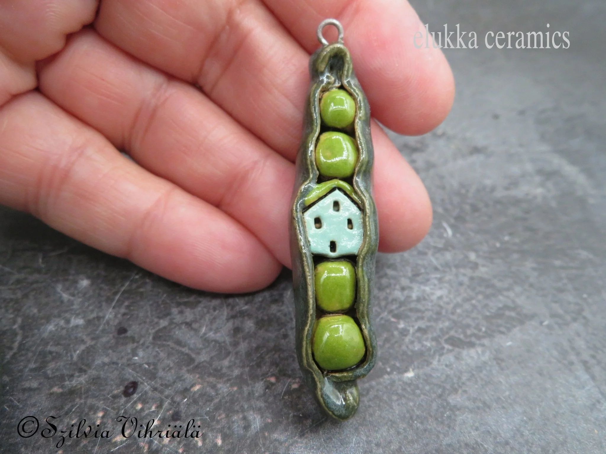 PeaPod Inn Pendant...Wearable Miniature Sculpture by elukka...Turquoise Green House + 4 Peas