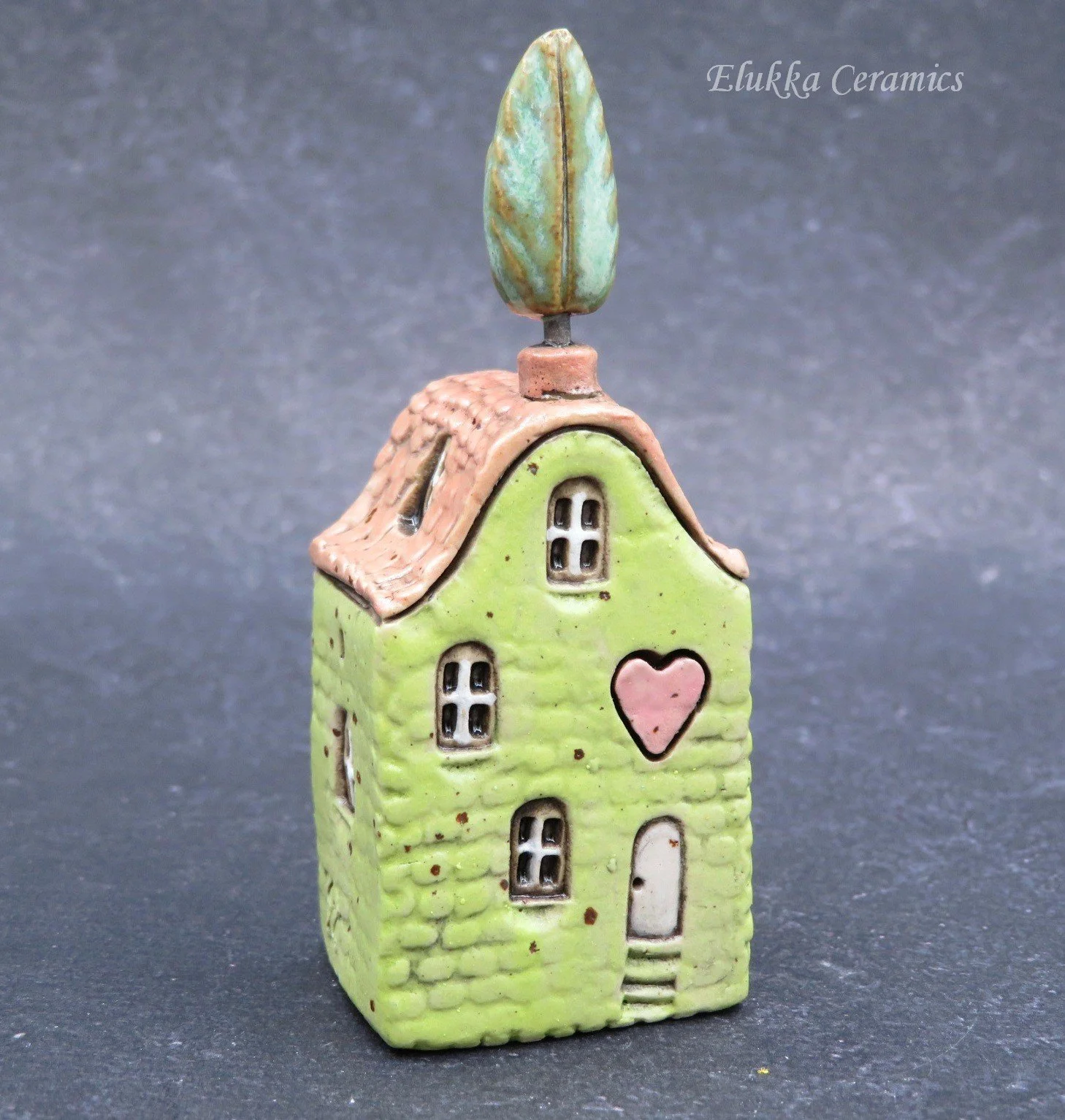 TownHouse™ Series by elukka...Collectible Miniature House...Tall Lime Green House with Cedar Tree and Heart Plaque