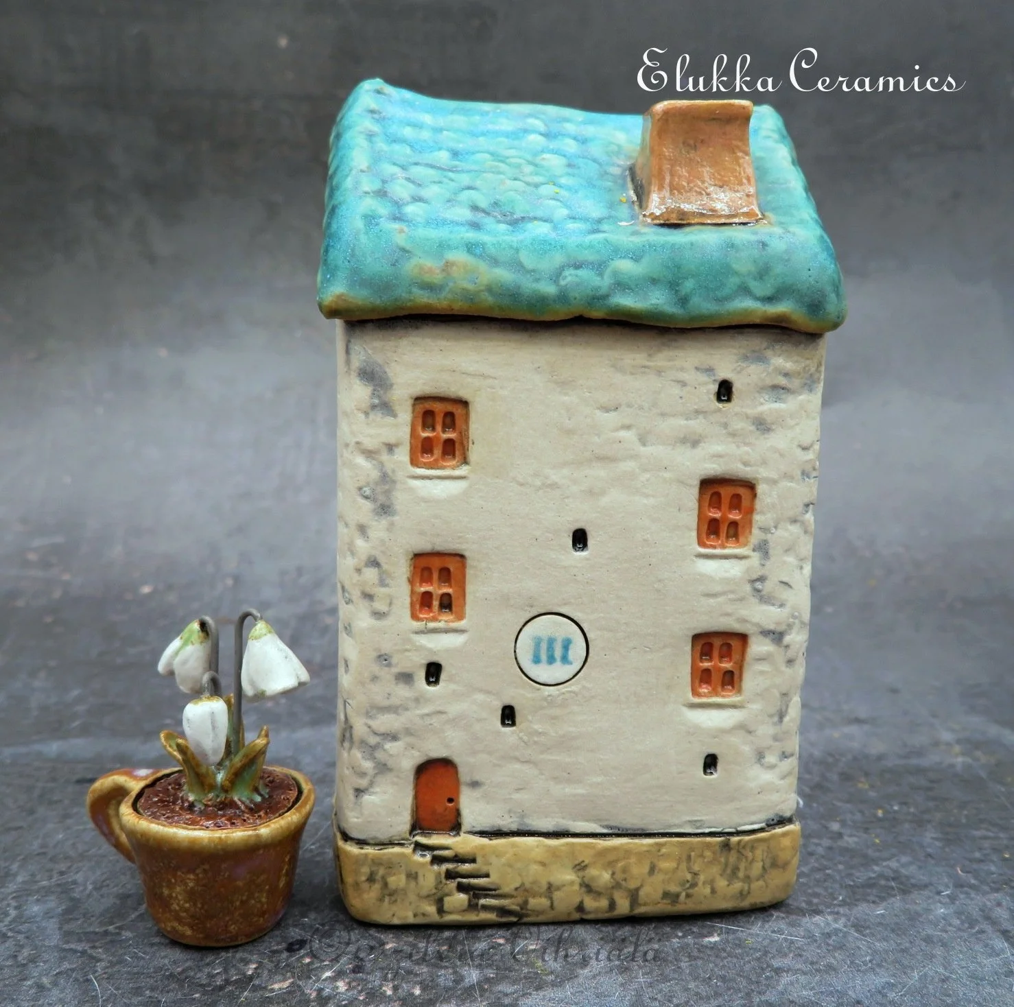 "Medieval" Town House Vase...Matte Turquoise Blue Roof