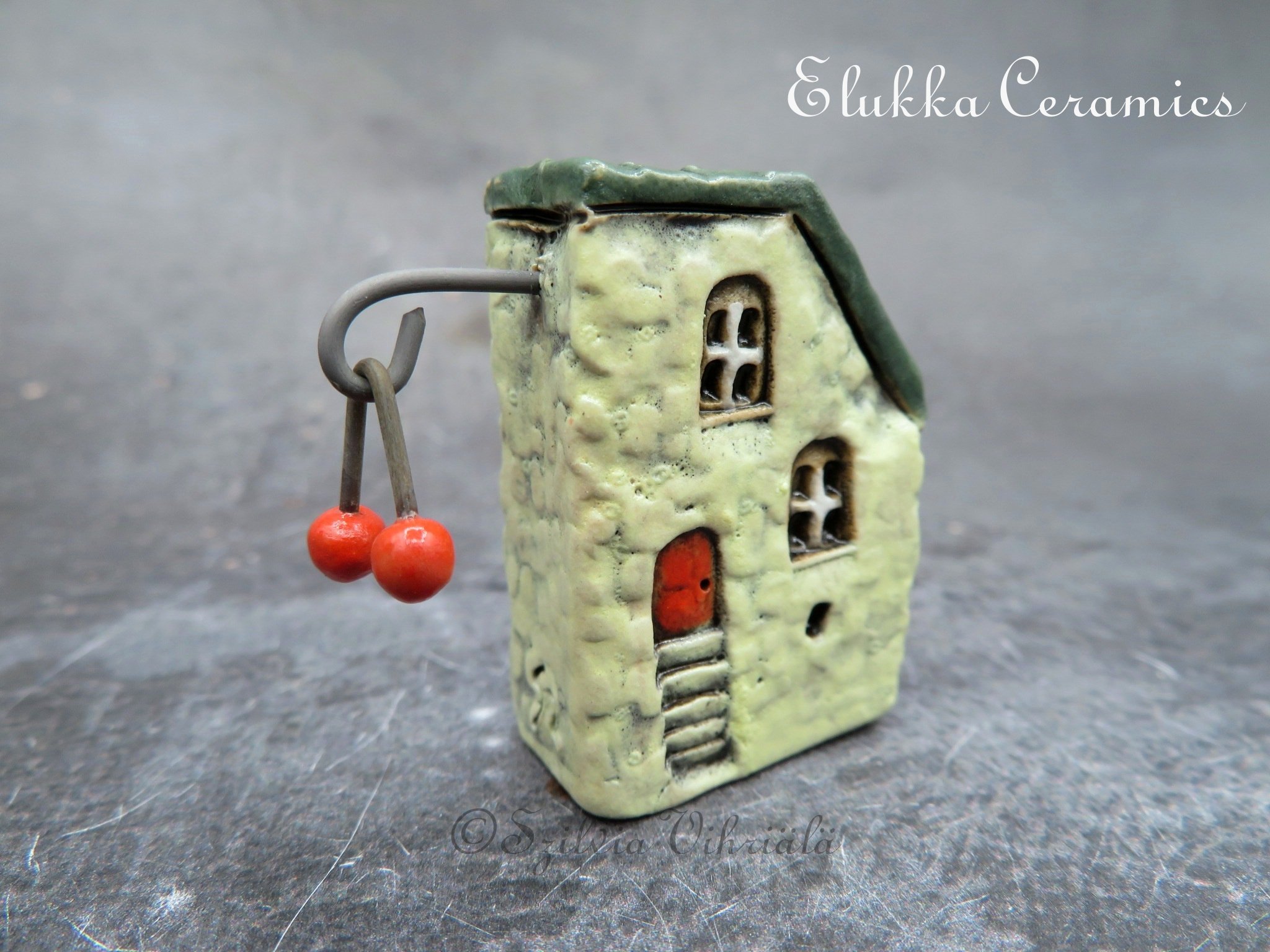 Collectible TINY Mediterranean Town House by elukka...Lemon Walls & Dark Green Roof with Dangling Cherries