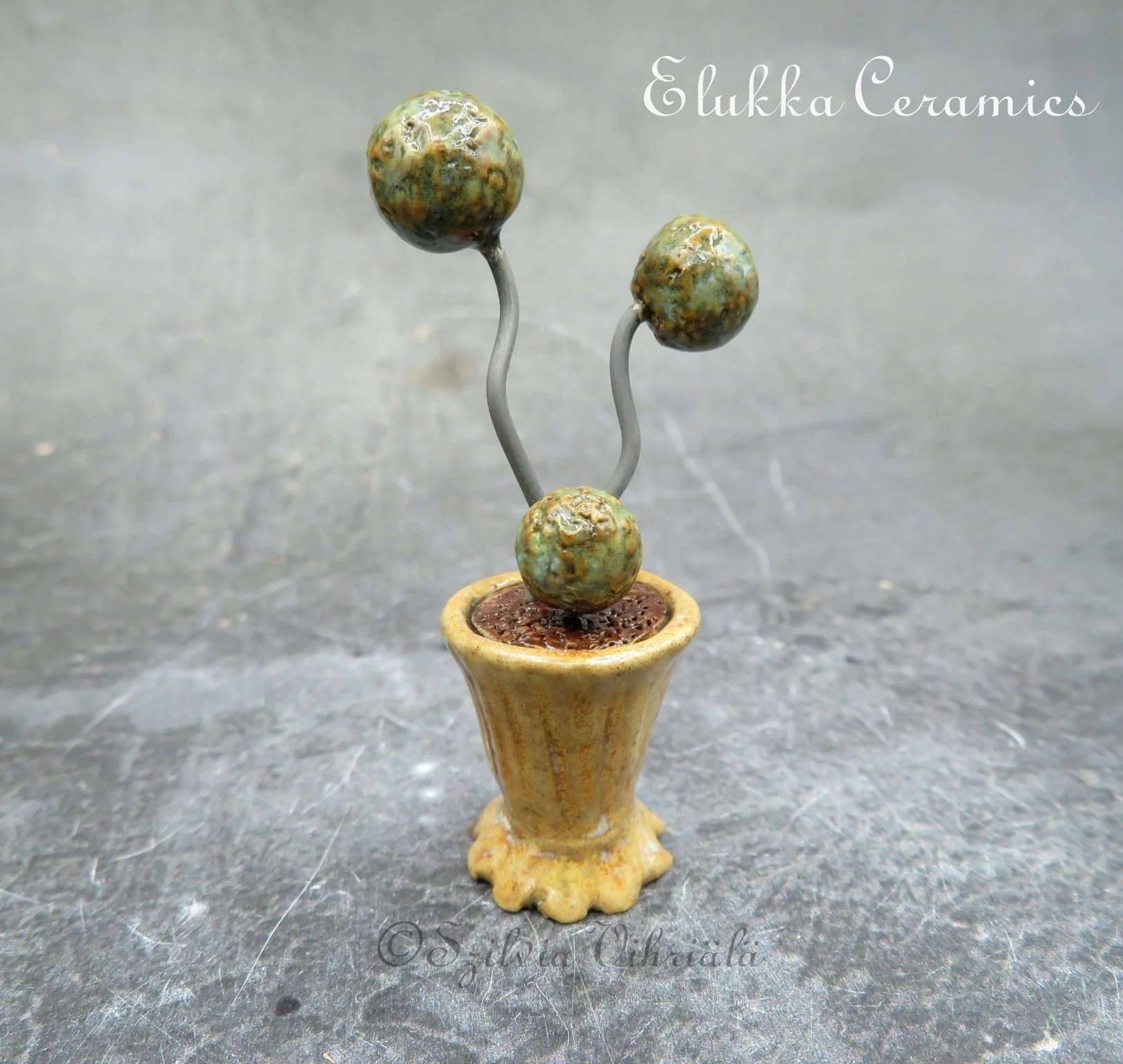 Collectible TINY Ceramic Bloom by elukka...Topiary Ball Trio in Tall Planter