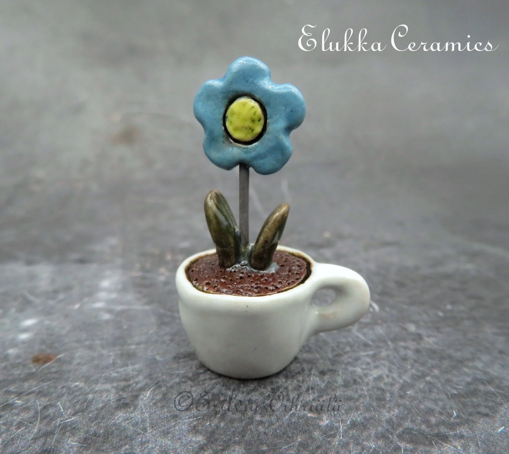 Collectible TINY Ceramic Bloom by elukka...Forget-Me-Not in Cup