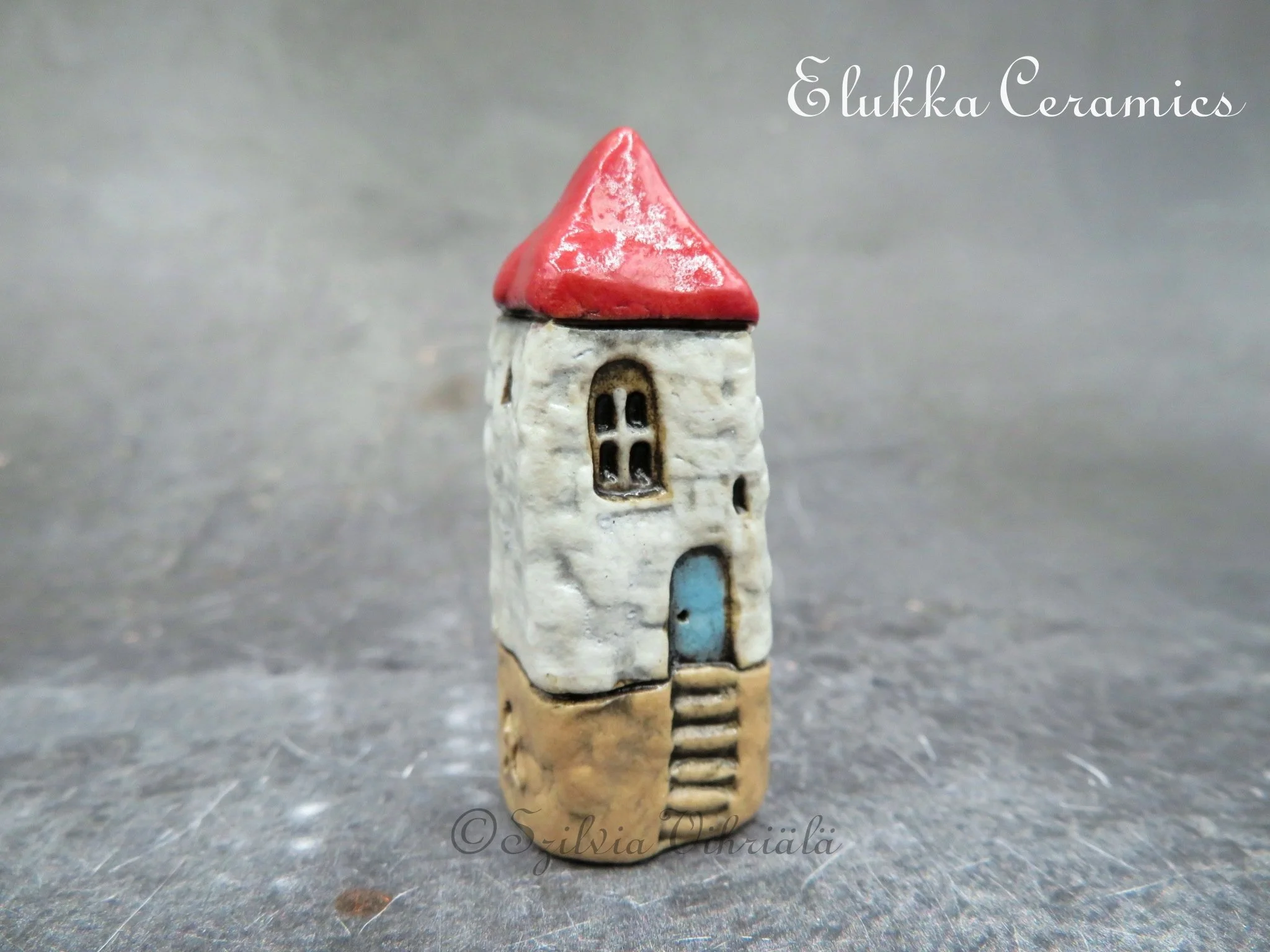 Collectible TINY Mediterranean Town House by elukka...Tower with Pearl White Walls & Red Roof