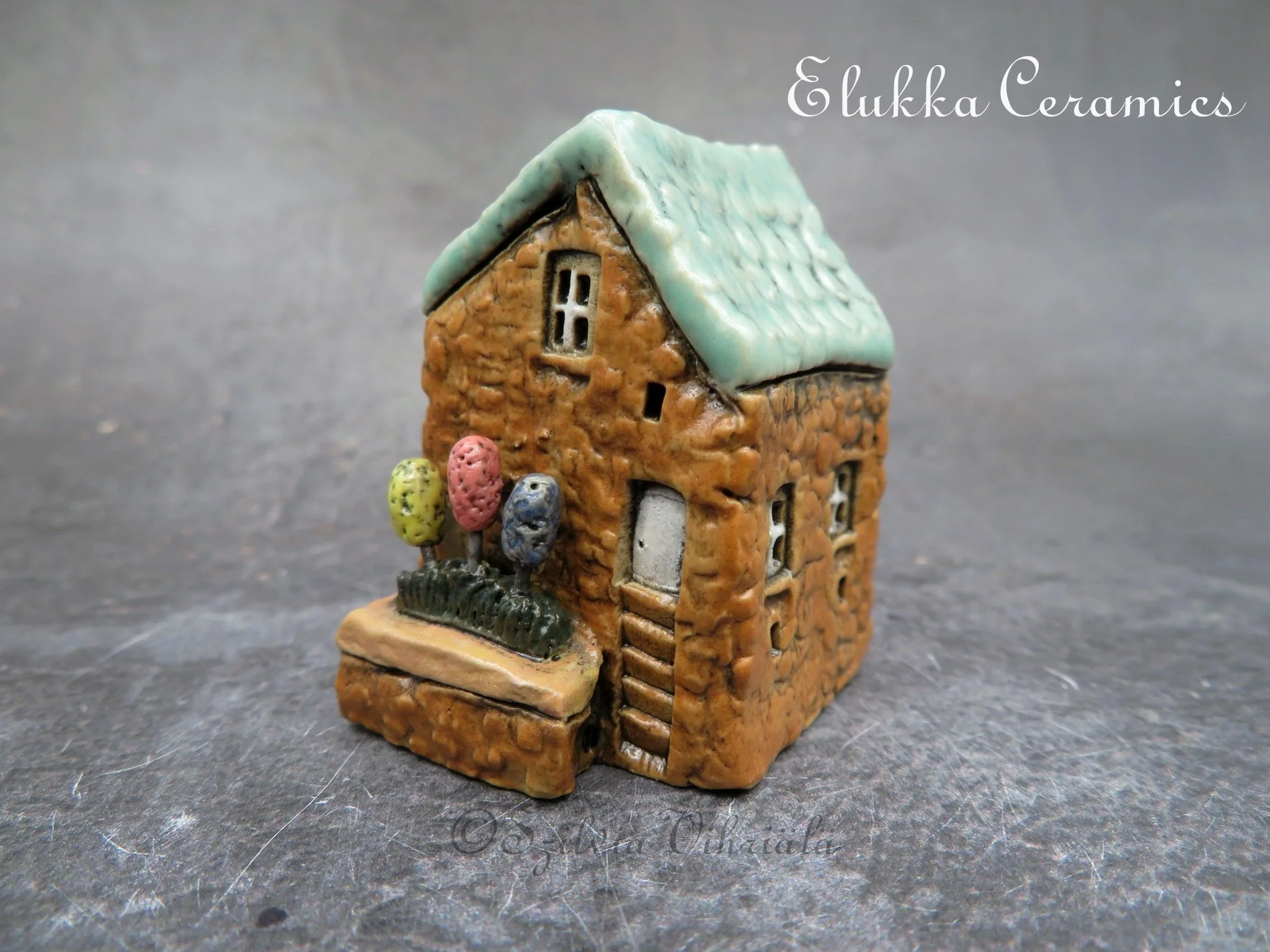 Collectible TINY Mediterranean Town House by elukka...Dark Tan Walls & Turquoise Green Roof with Hyacinth Flower Bed