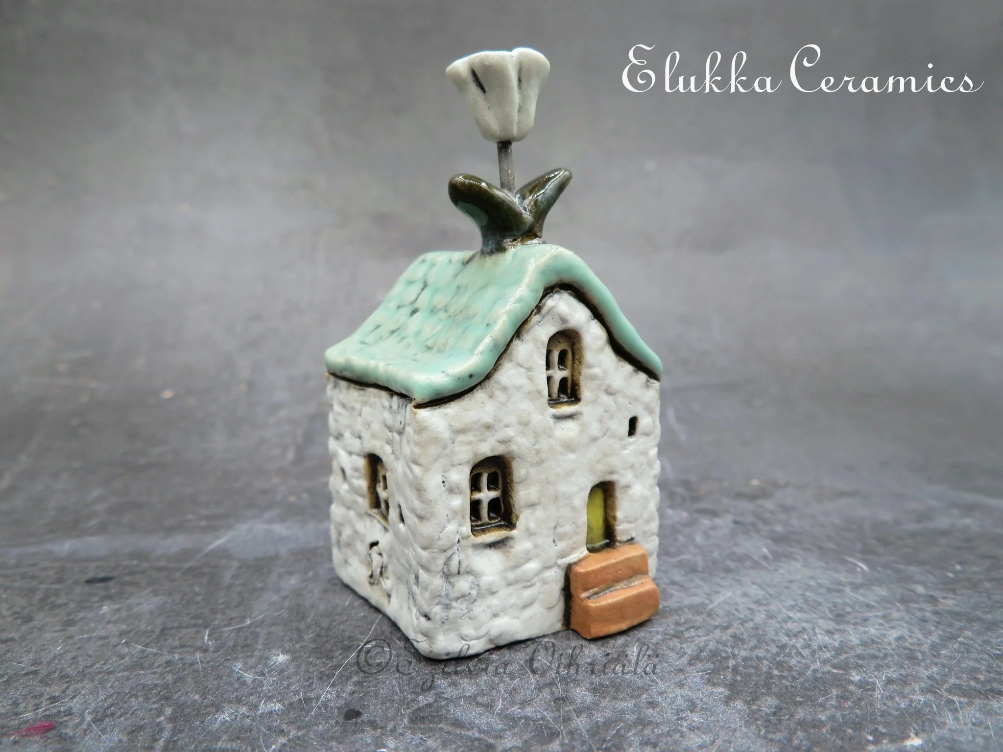 Collectible TINY Mediterranean Town House by elukka...Pearl White Walls & Turquoise Green Roof with White Frlower