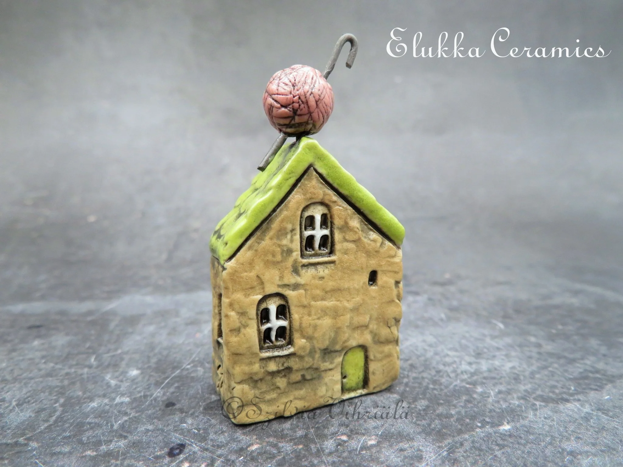 Collectible TINY Mediterranean Town House by elukka...Light Tan Walls & Lime Green Roof with Yarn Ball and Crochet Hook