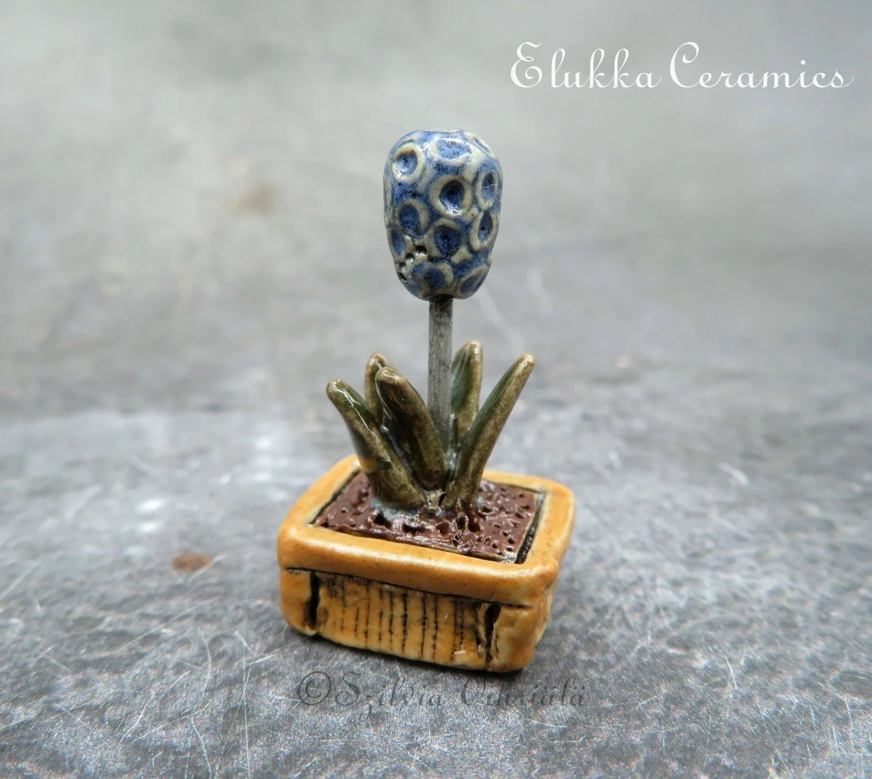 Collectible TINY Ceramic Bloom by elukka...Blue Hyacinth in Brown Flower Box