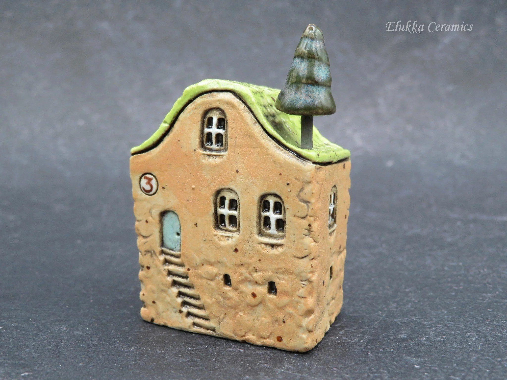 TownHouse™ Series by elukka...Collectible Miniature House...Peachy Pink House with Pine Tree and Number Plaque