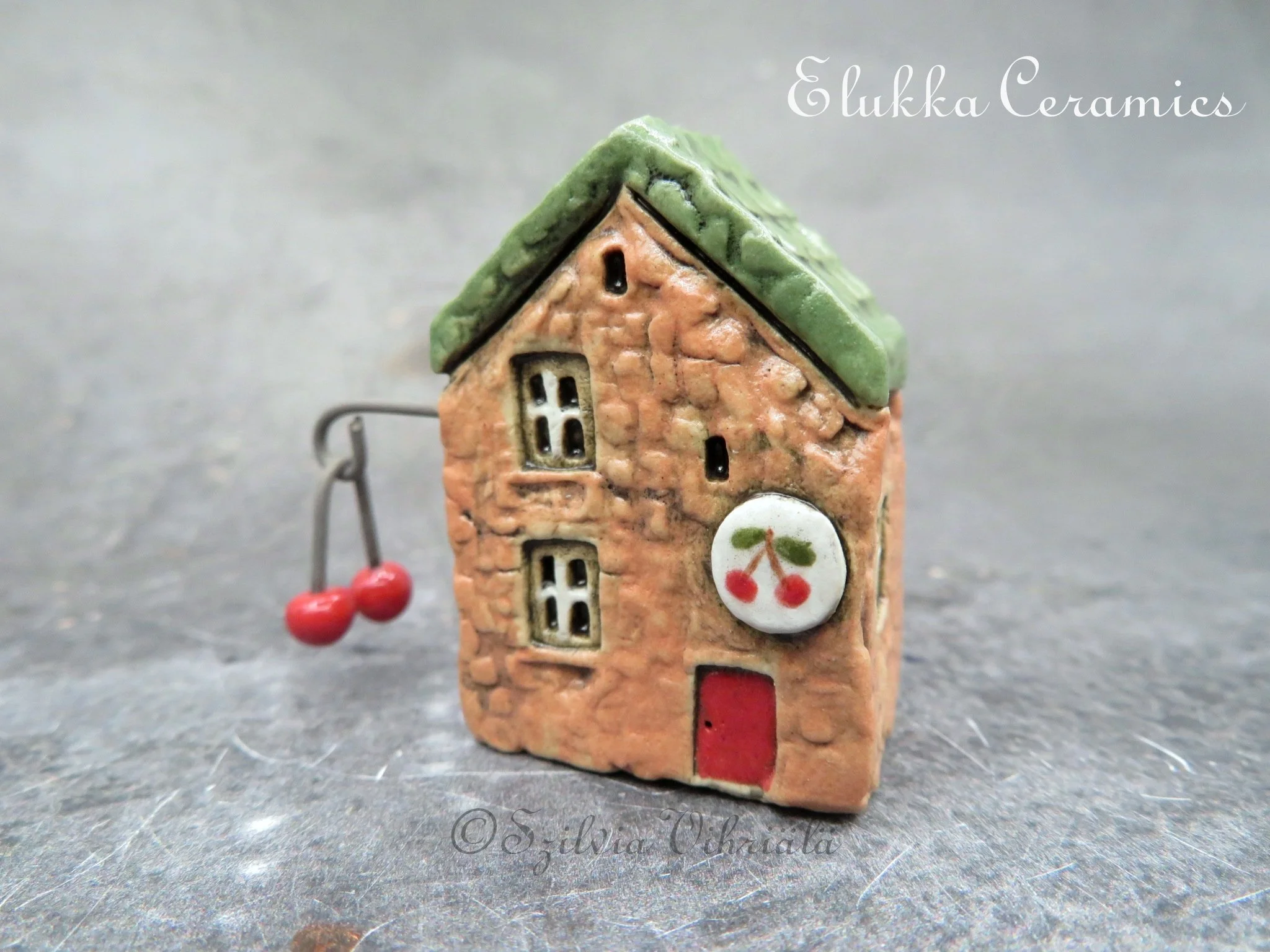 Collectible TINY Mediterranean Town House by elukka...Tan Walls & Dark Green Roof with Dangling Cherries and Cherry Plaque