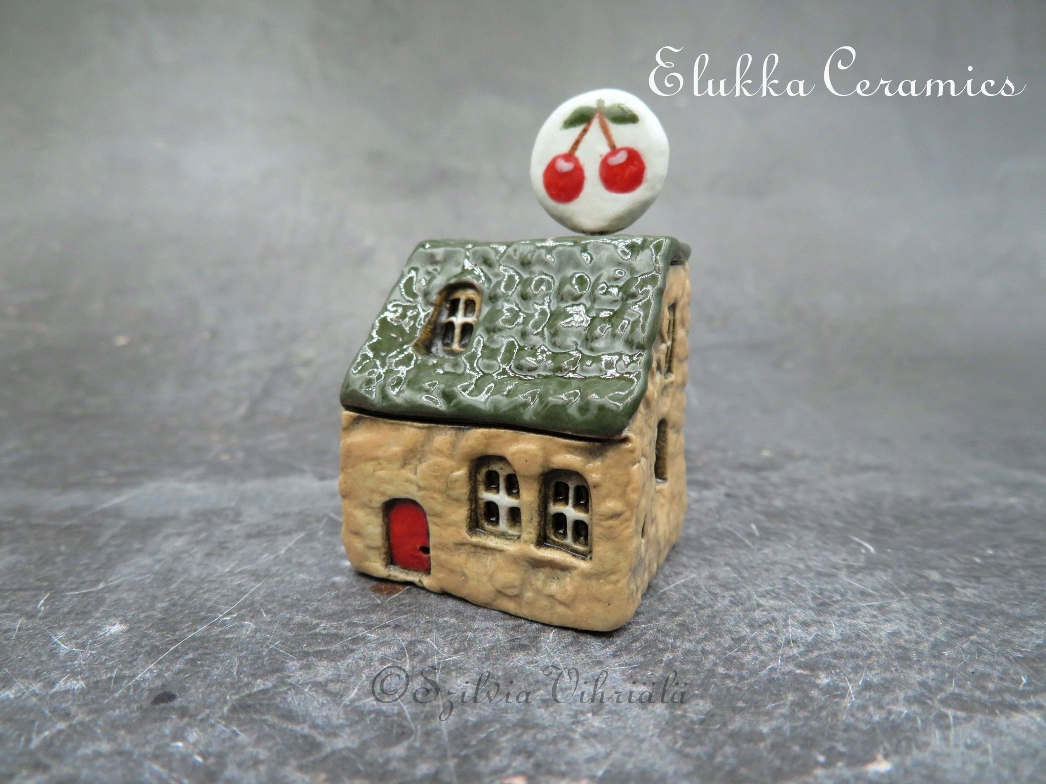 Collectible TINY Mediterranean Town House by elukka...Light Tan Walls &  Dark Green Roof with Cherry Sign