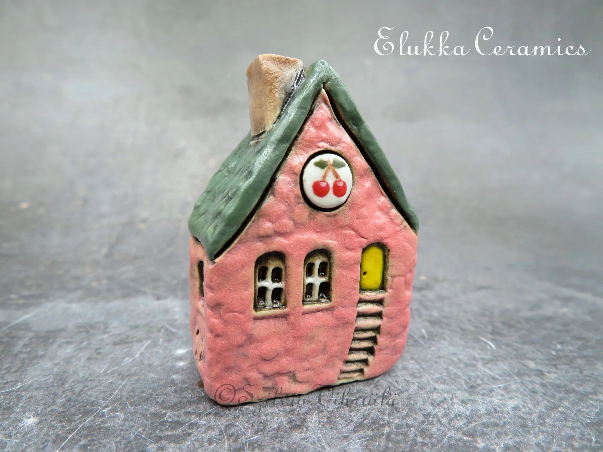 Collectible TINY Mediterranean Town House by elukka...Hot Pink Walls & Dark Green Roof with Big Cherry Wall Plaque and Leaning Roof/Chimney