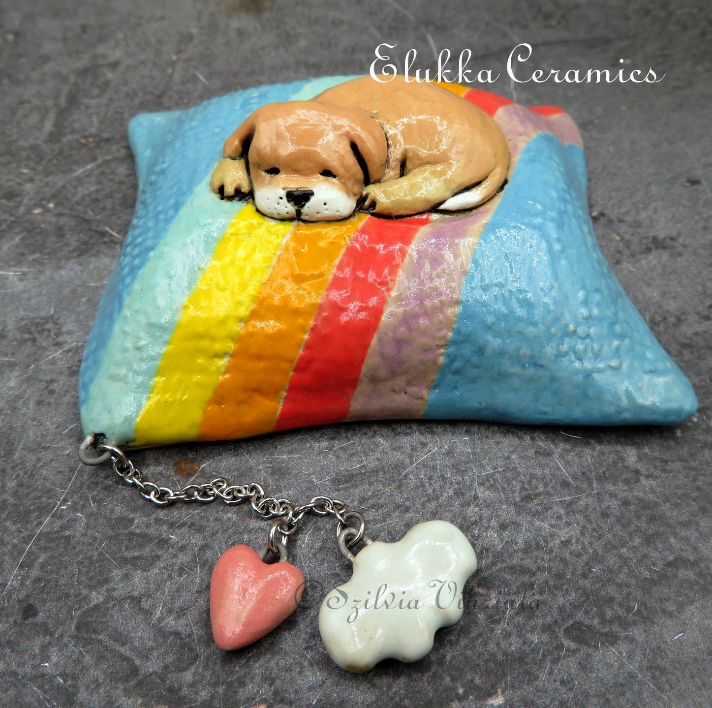 Pillow Pup #5...Ceramic Dog Sculpture...Blue Pillow / Rainbow Stripes / Tan Pup