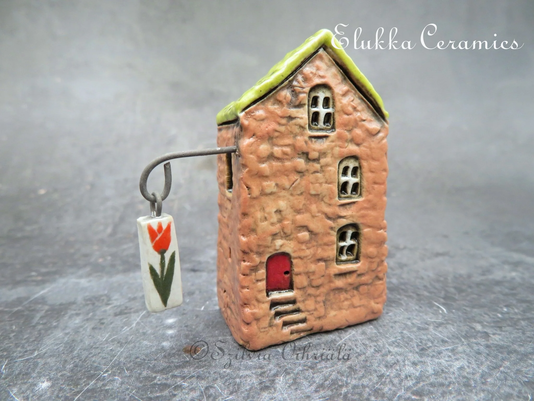 Collectible TINY Mediterranean Town House by elukka...Paechy Tan Walls &  Lime Green Roof with Hanging Red Tulip Sign