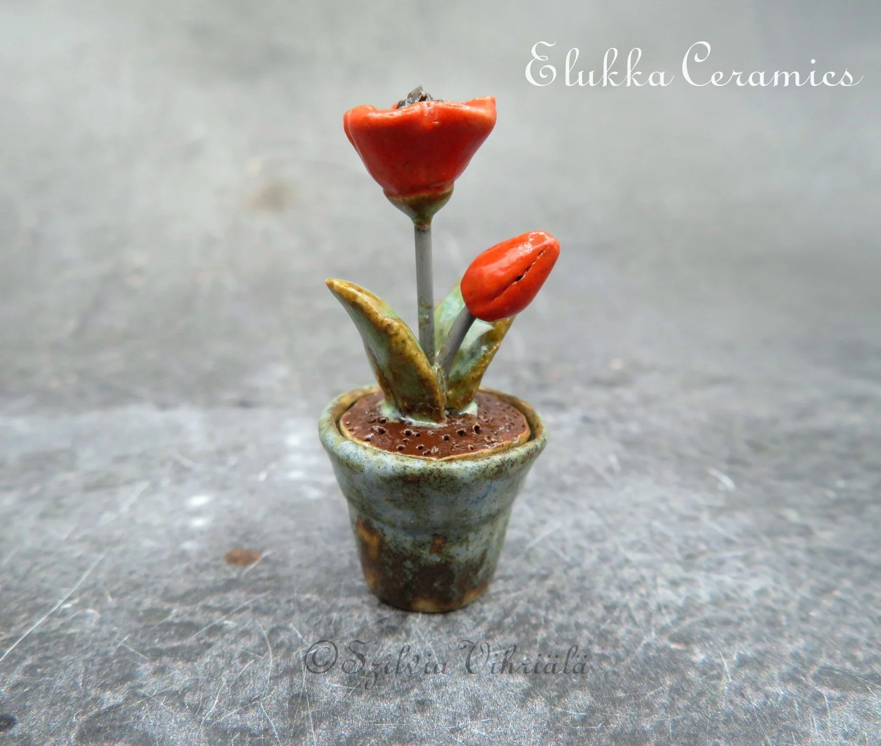 Collectible TINY Ceramic Bloom by elukka...Red Flowers in Weathered Pot
