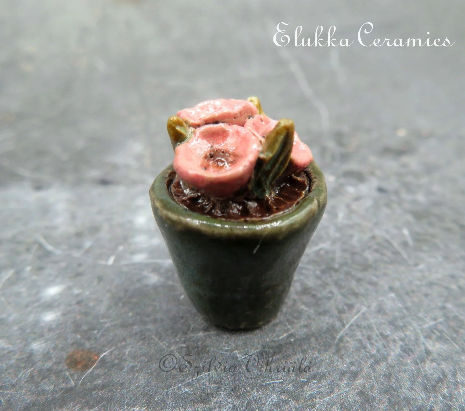 Collectible TINY Ceramic Bloom by elukka...Pink Crocus in Moss Green Pot