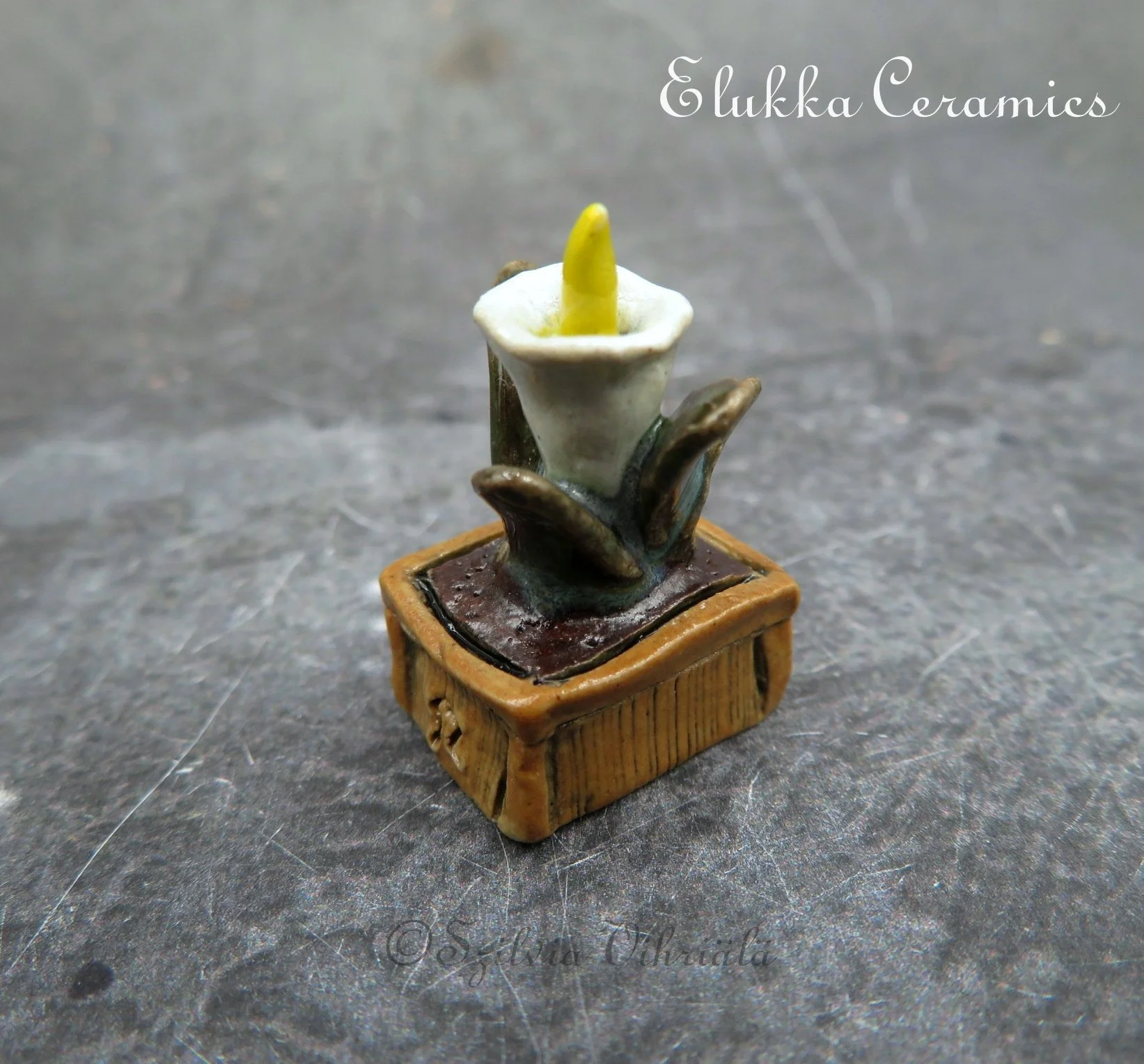 Collectible TINY Ceramic Bloom by elukka...White Fantasy Flower in Brown Flower Box