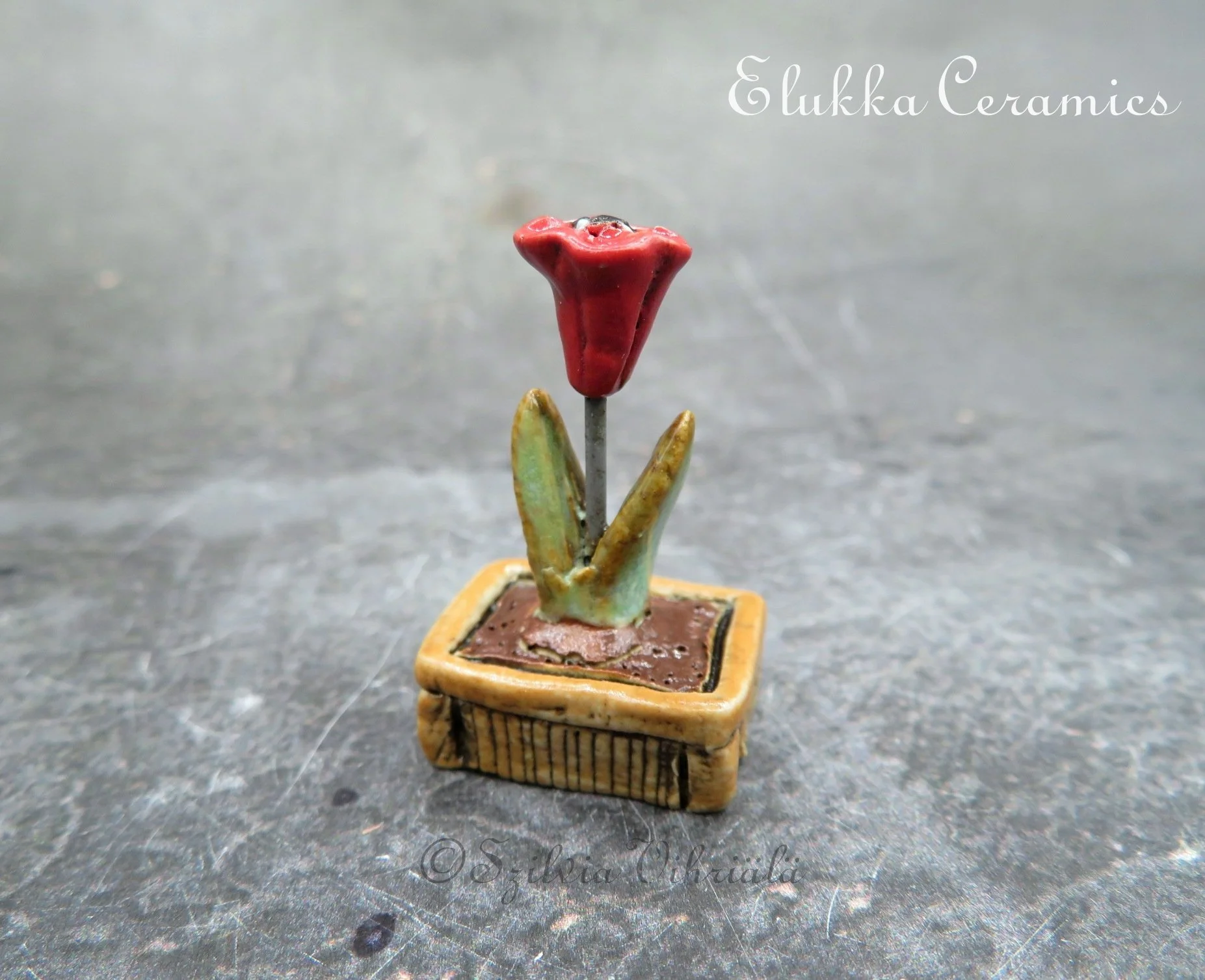 Collectible TINY Ceramic Bloom by elukka...Red Flower in Brown Flower Box