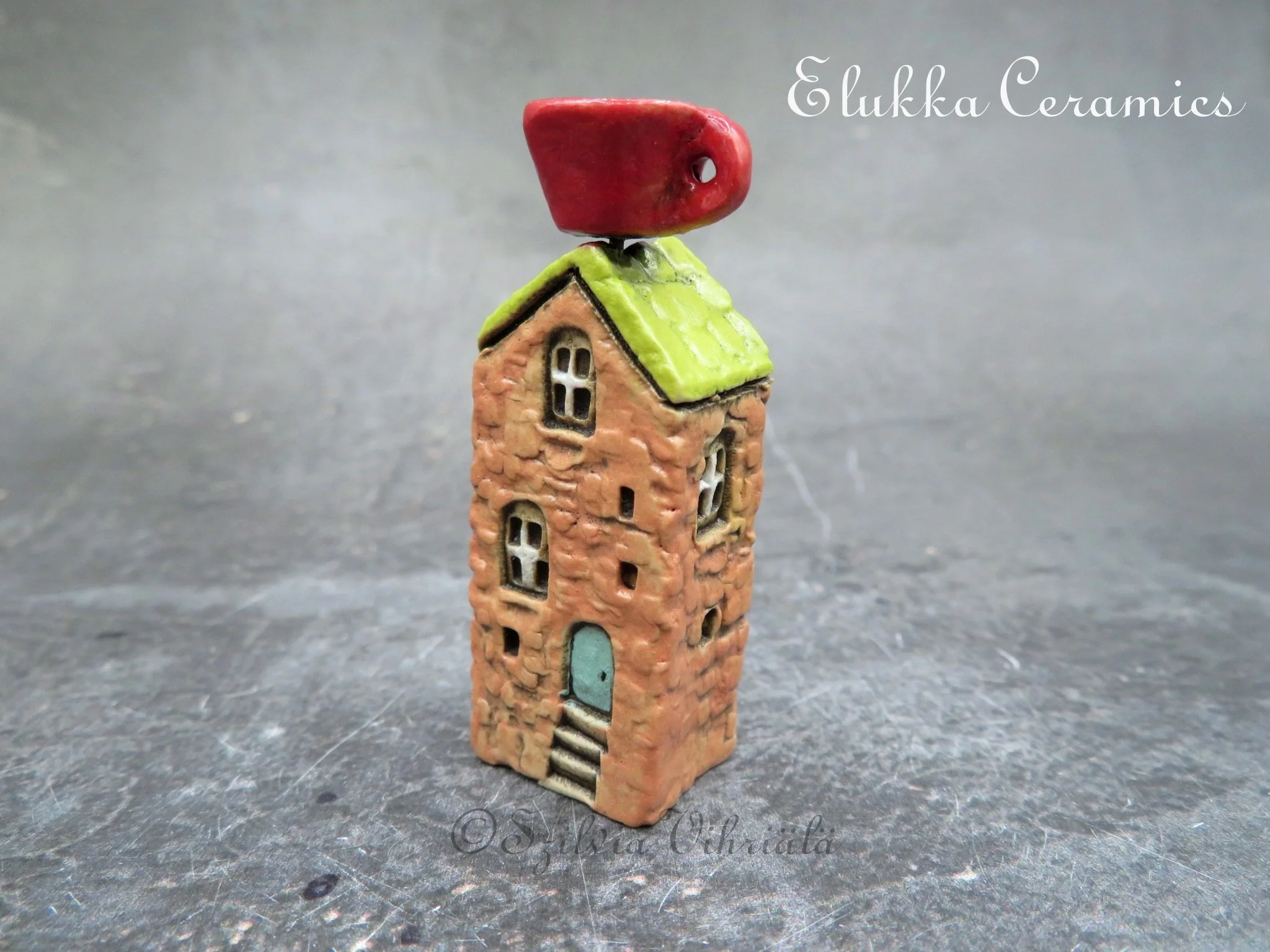 Collectible TINY Mediterranean Town House by elukka...Tan Walls & Lime Green Roof with Red Cappuccino Cup