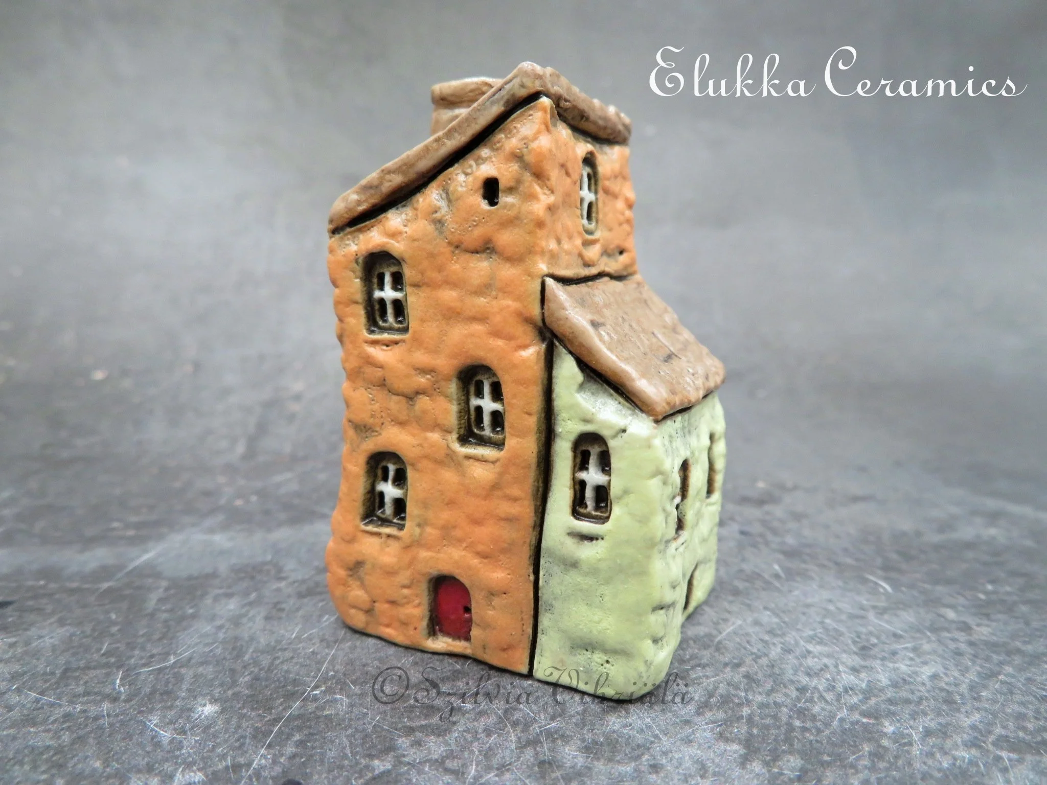 Collectible TINY Mediterranean Town House by elukka...Peachy Orange Walls &  Tan Roof with Chimney and Side Door