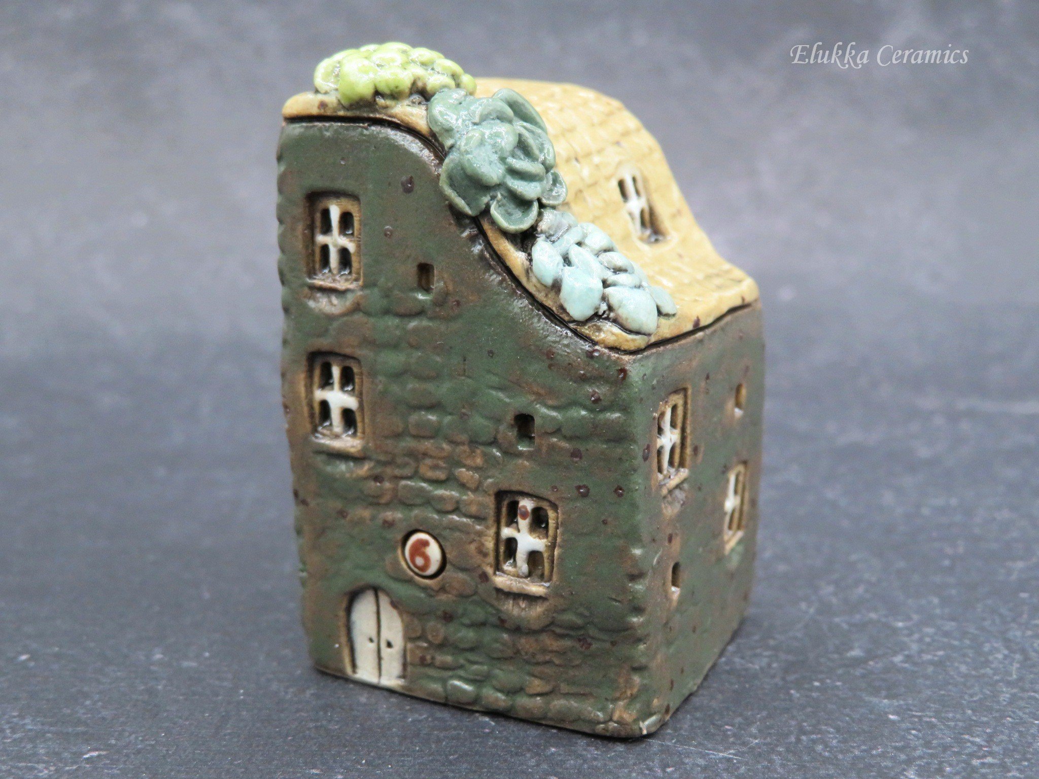 TownHouse™ Series by elukka...Collectible Miniature House...Tall Dark Green House with Succulents and Number Plaque
