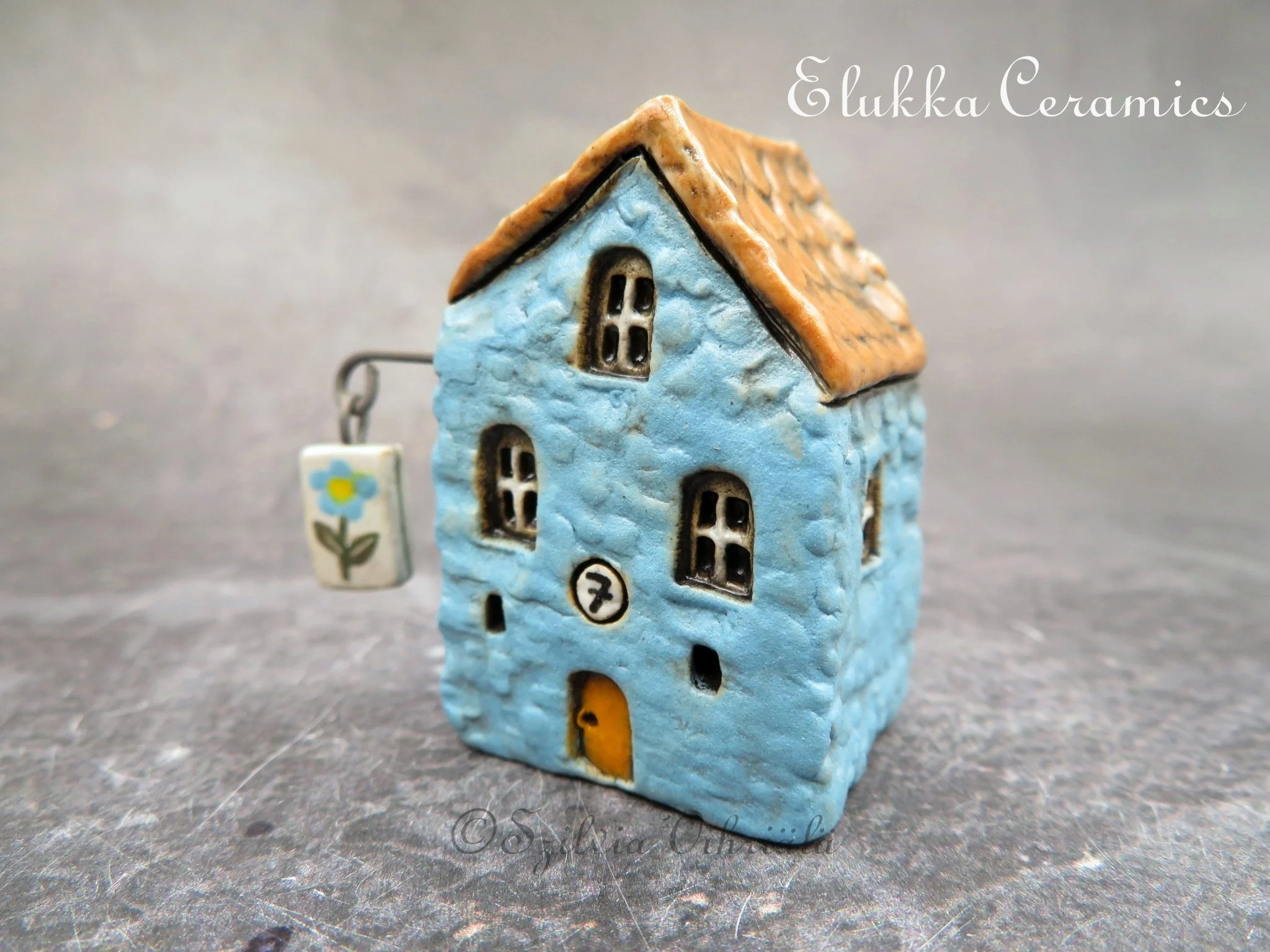 Collectible TINY Mediterranean Town House by elukka...Blue Walls & Brown Roof with Number 7 House Plaque and Hanging Forget-Me-Not Sign