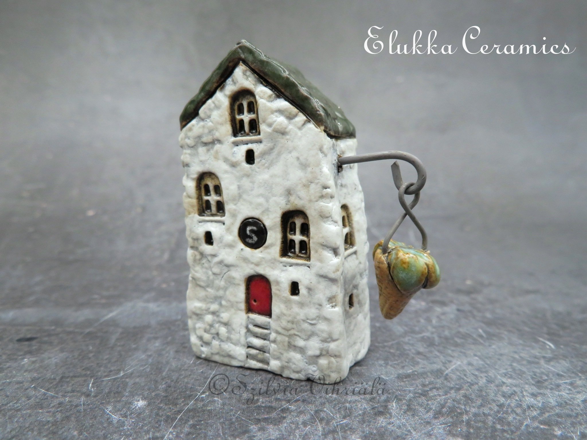 Collectible TINY Mediterranean Town House by elukka...Pearl White Walls & Dark Green Roof with Hanging Plant Basket