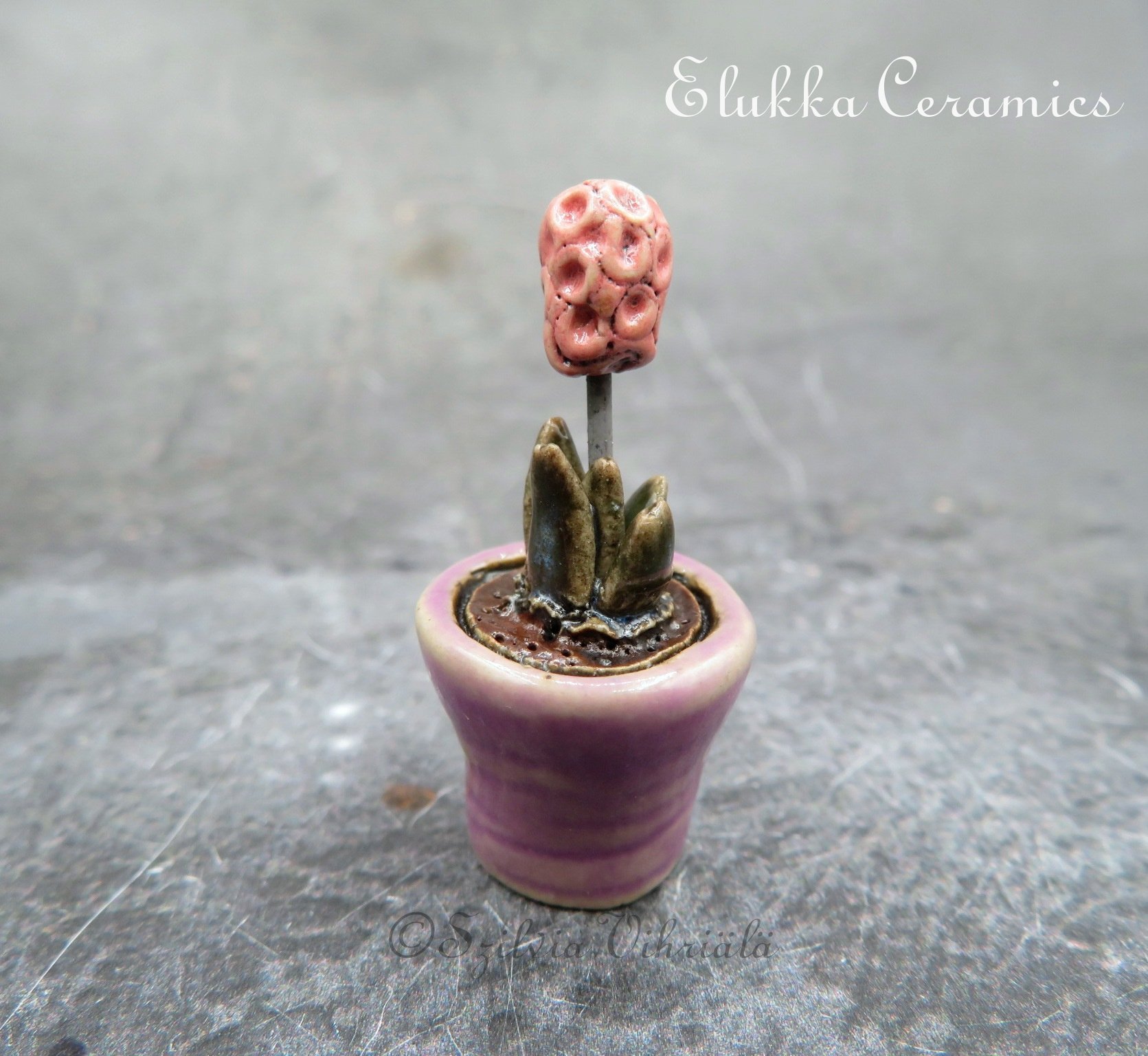 Collectible TINY Ceramic Bloom by elukka...Pink Hyacinth in Purple Pot