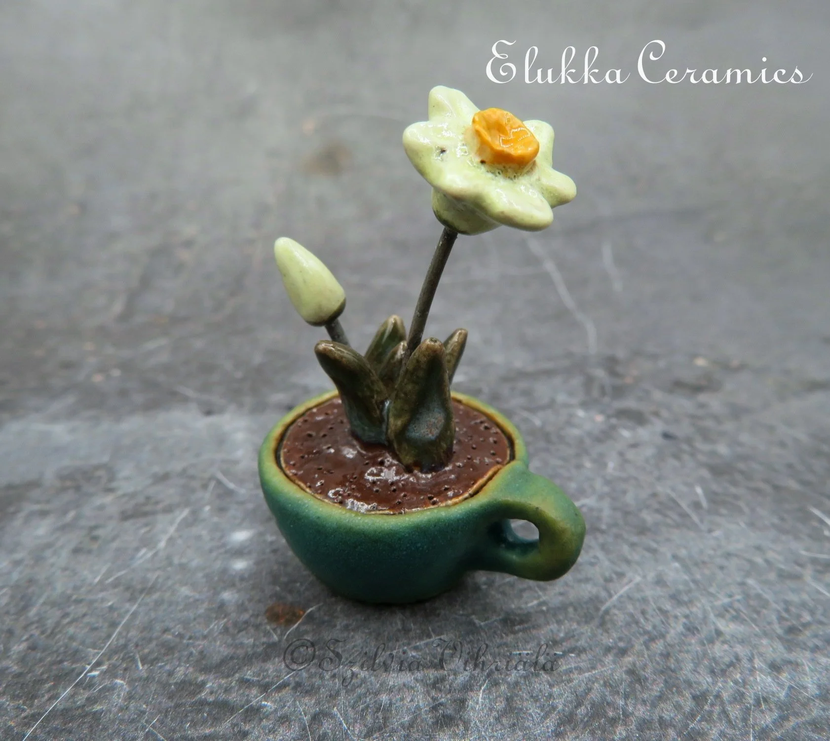 Collectible TINY Ceramic Bloom by elukka...Daffodils in Cup