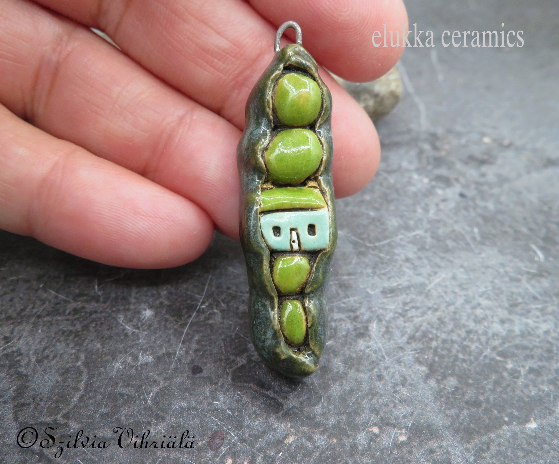 PeaPod Inn Pendant #6...Wearable Miniature Sculpture by elukka...Turquoise Green FarmHouse + 4 Peas