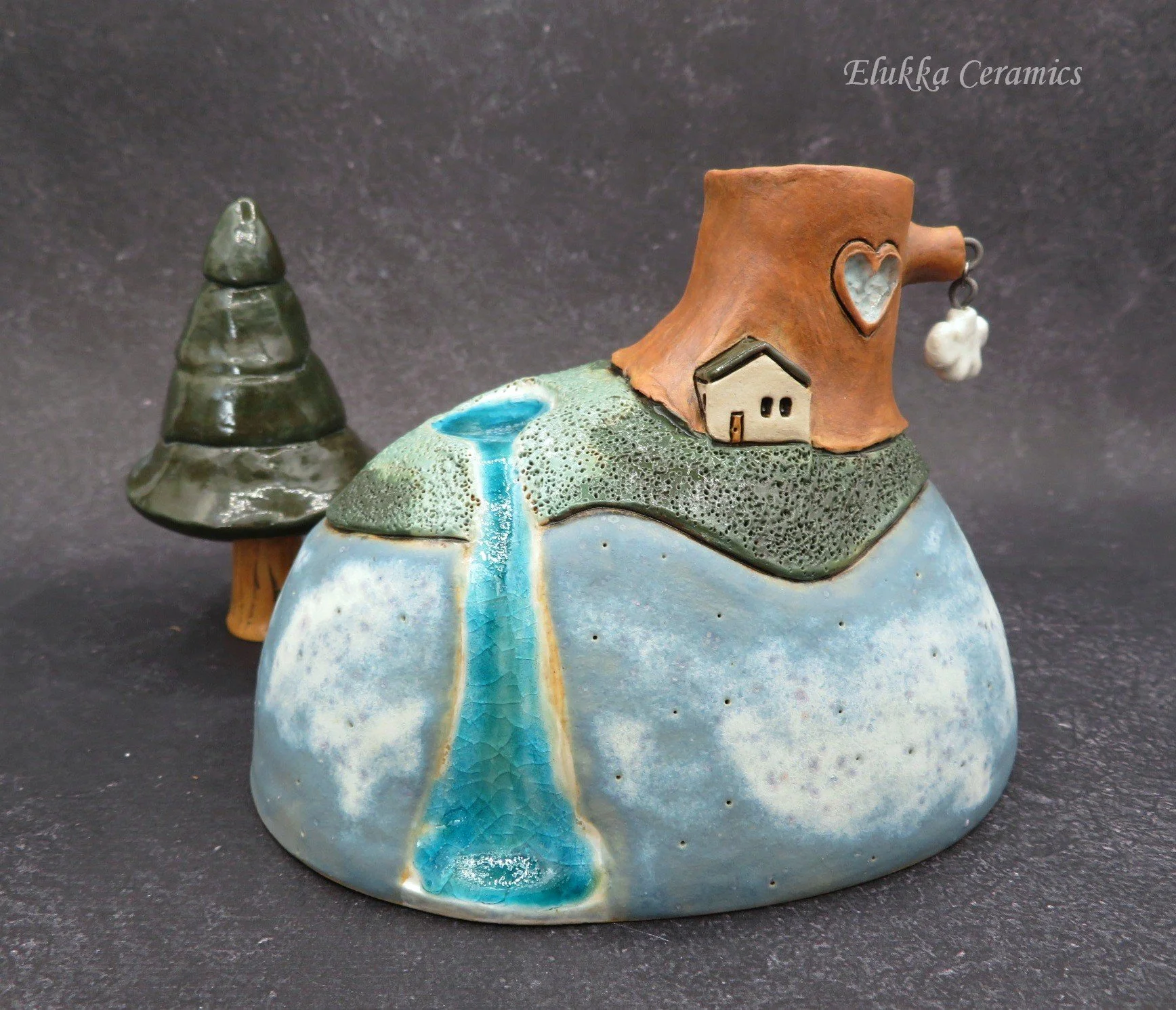 NEW Hilltop Tree Vase™...Stoneware Bud Vase...Foggy Blue Hill & Pine Tree with Waterfall