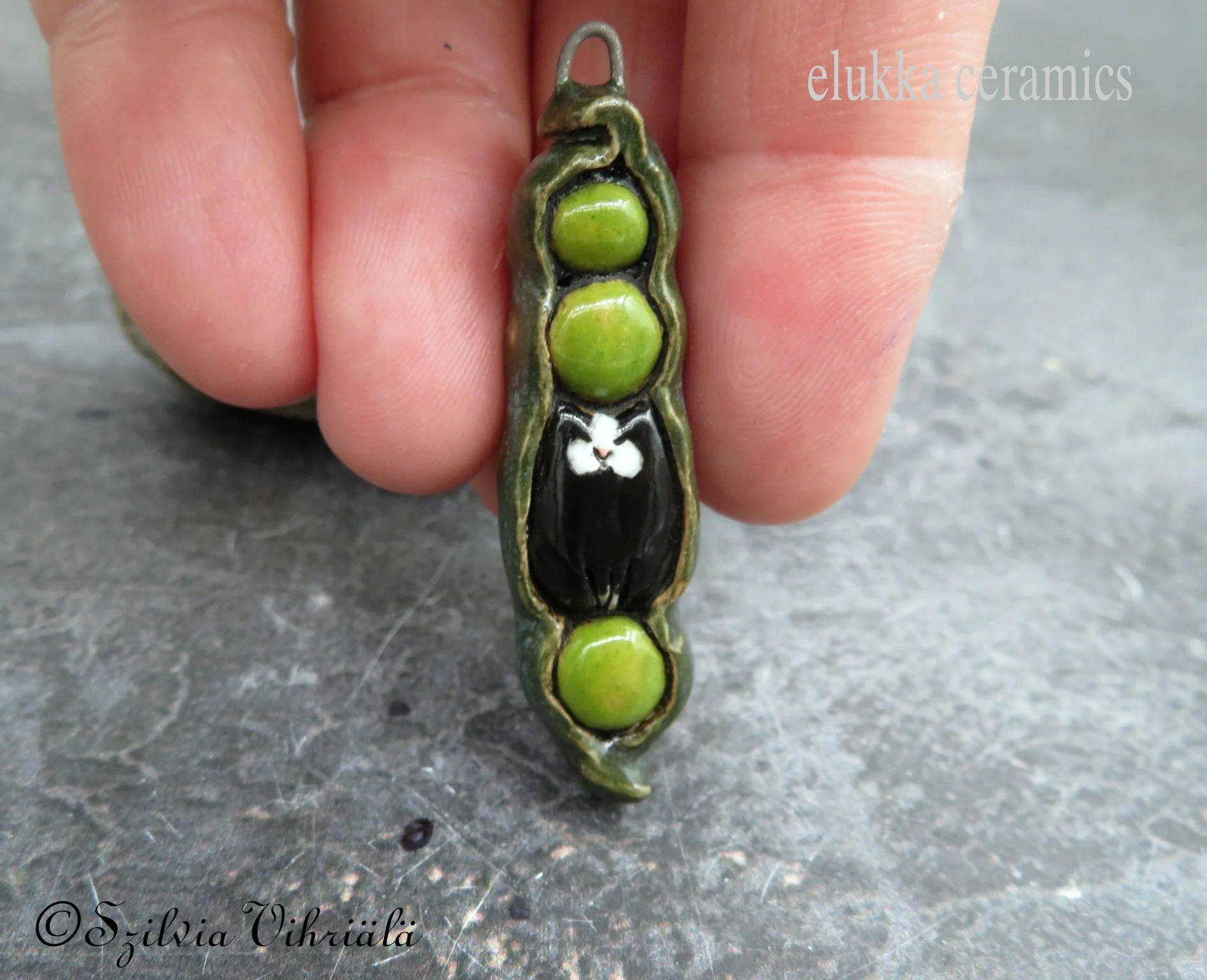 PeaPod Inn Pendant #35...Wearable Miniature Sculpture by elukka...Black & White Kitty + 3 Peas