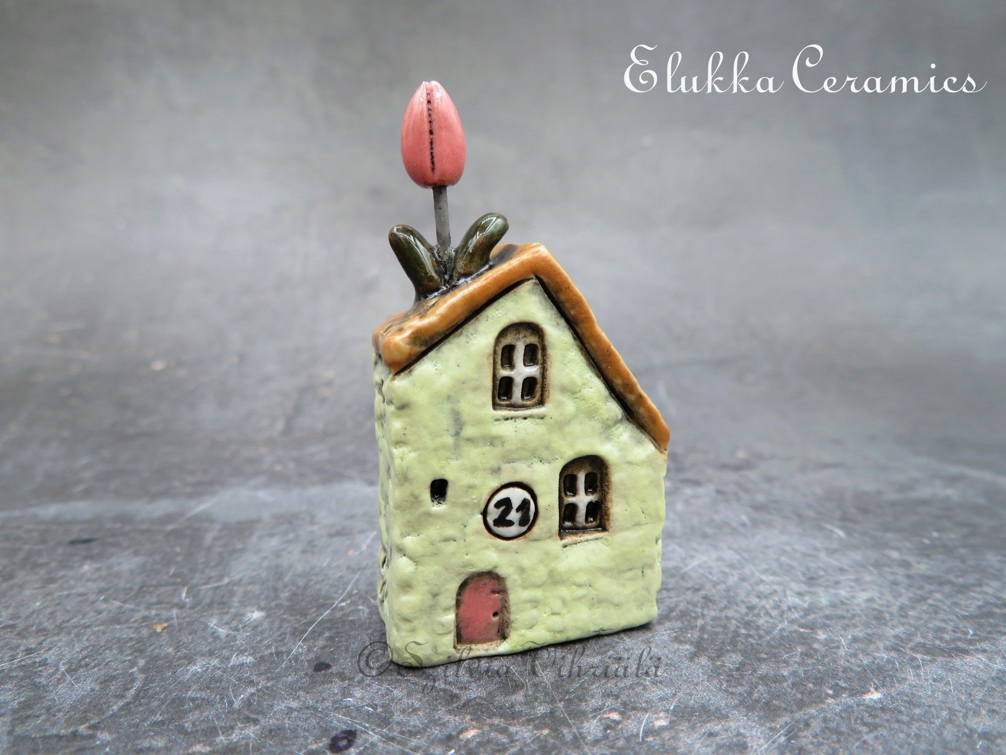 Collectible TINY Mediterranean Town House by elukka...Lemon Walls & Brown Roof with Pink Tulip and Number 21 House Plaque